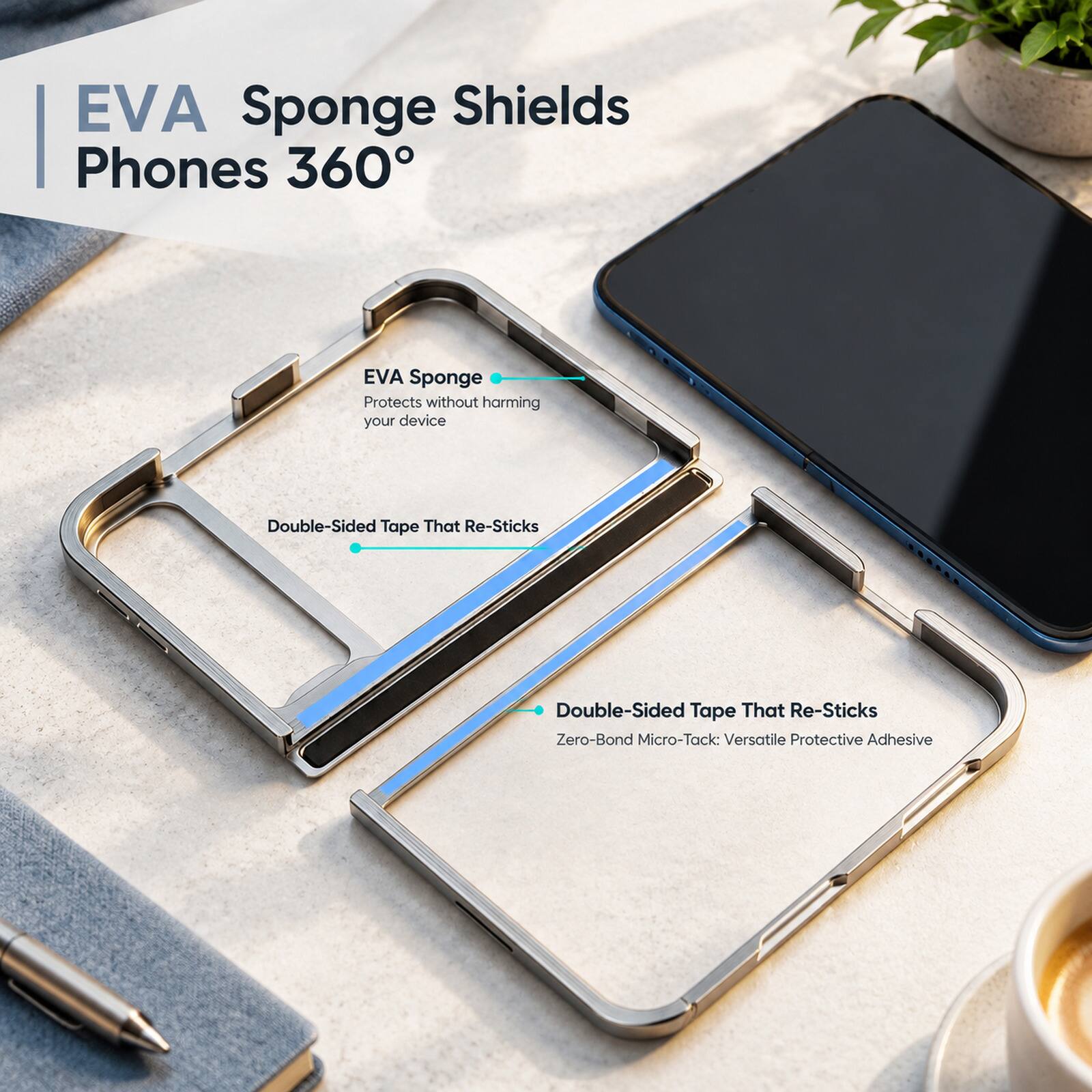 EVA Sponge Shields Phones 360°

EVA Sponge
Protects without harming your device

Double-Sided Tape That Re-Sticks

Double-Sided Tape That Re-Sticks
Zero-Bond Micro-Tack: Versatile Protective Adhesive