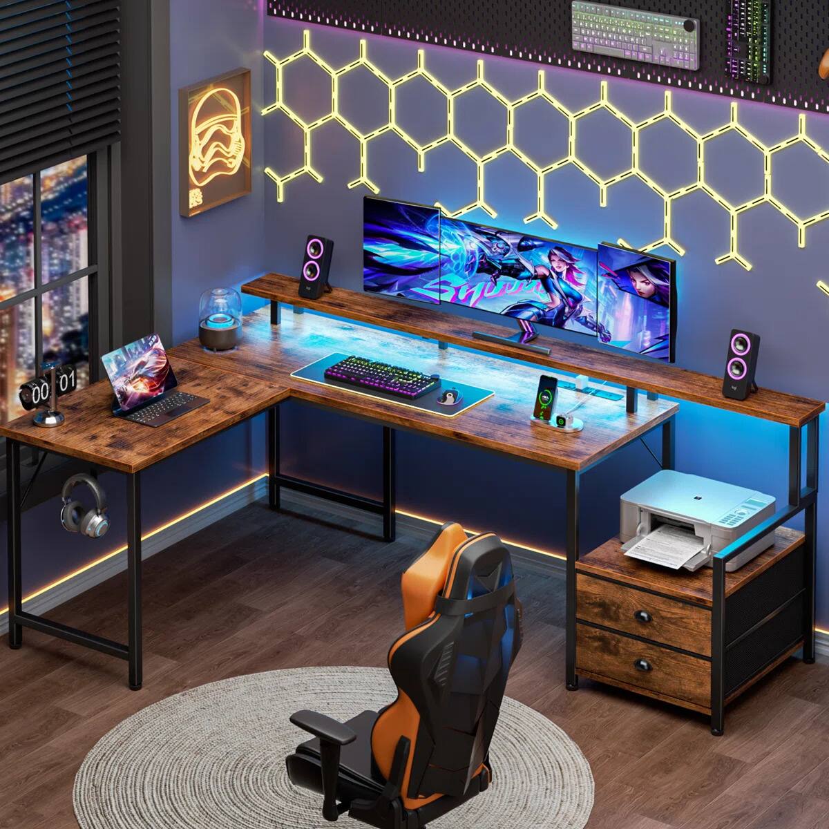 Alt View 1. Furnulem - 66 In L Shaped Computer Desk with Charging Station LED Lights 2 Drawers Monitor Stand Reversible Gaming Desk - Brown.