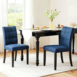 Kadyn - Set of 2 Tufted Armless Dining Chairs with Rubberwood Legs, Dark Fabric and Black Frame - Blue