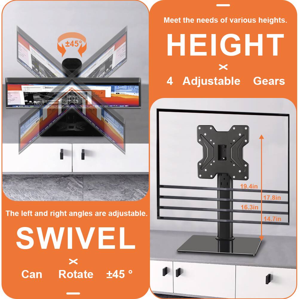 - Meet the needs of various heights.
- HEIGHT x 4 Adjustable Gears
- The left and right angles are adjustable.
- SWIVEL x Can Rotate ±45°
- 19.4in
- 17.8in
- 16.3in
- 14.7in