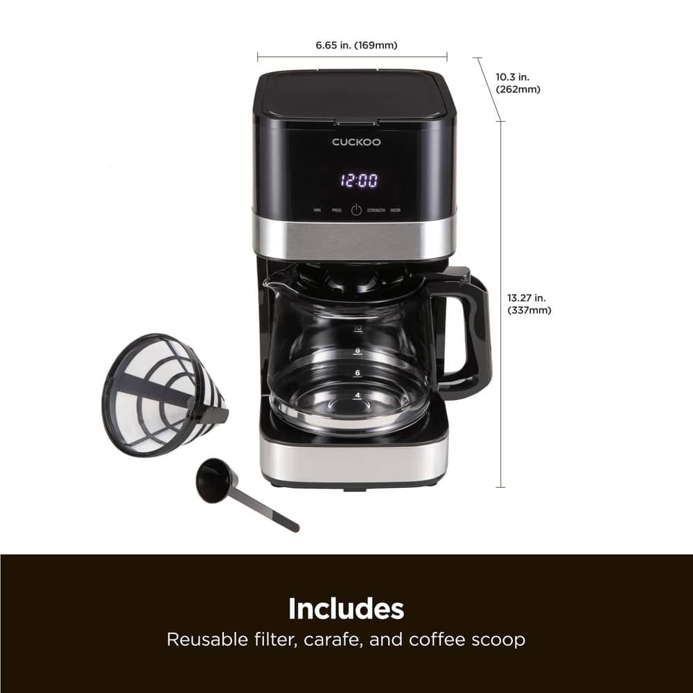 6.65 in. (169mm)
10.3 in. (262mm)
13.27 in. (337mm)
Includes
Reusable filter, carafe, and coffee scoop