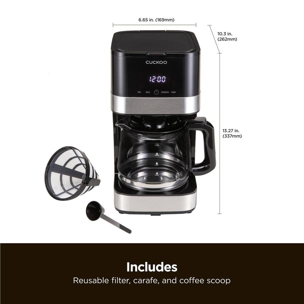 6.65 in. (169mm)  
10.3 in. (262mm)  
13.27 in. (337mm)  

Includes  
Reusable filter, carafe, and coffee scoop