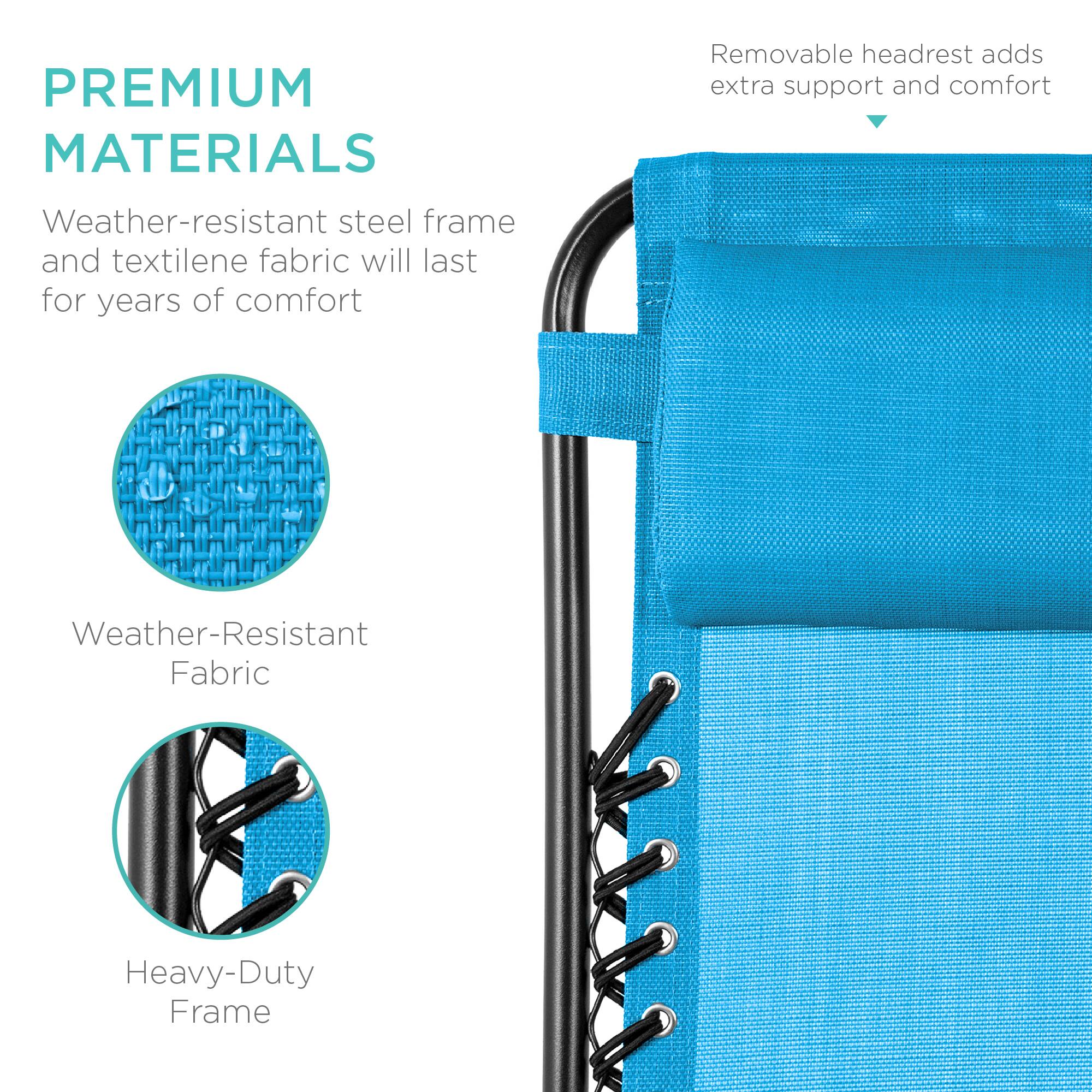 **PREMIUM MATERIALS**

Weather-resistant steel frame and textilene fabric will last for years of comfort

- Weather-Resistant Fabric
- Heavy-Duty Frame

Removable headrest adds extra support and comfort