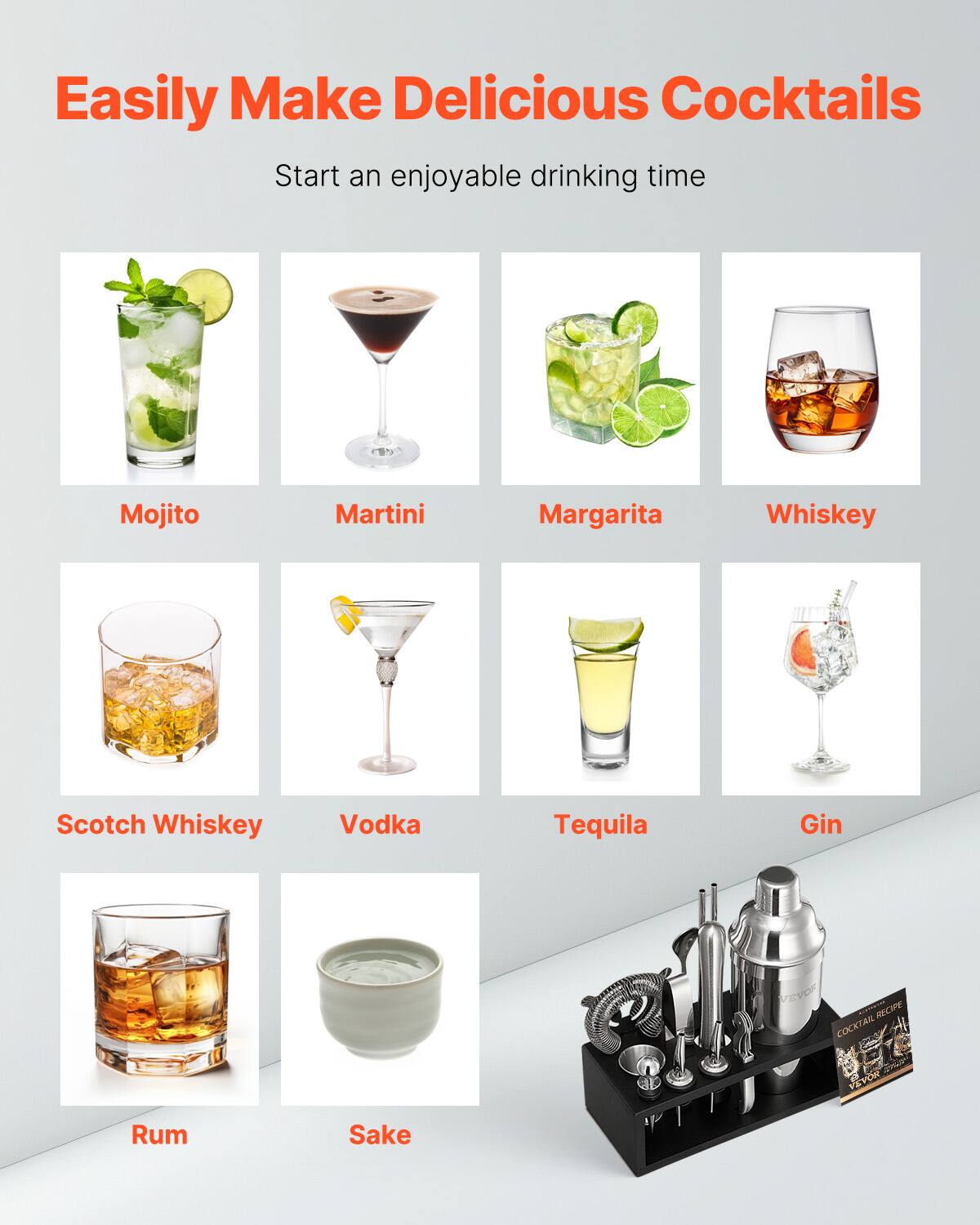 Easily Make Delicious Cocktails  
Start an enjoyable drinking time  

Mojito  
Martini  
Margarita  
Whiskey  
Scotch Whiskey  
Vodka  
Tequila  
Gin  
Rum  
Sake