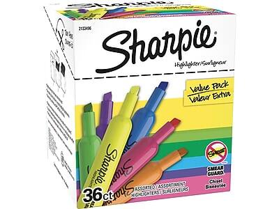 Sharpie  
Highlighter/Surligneur  

Value Pack  
Valeur Extra  

36ct  
36 pièces  

Assorted/Assortiment  
Highlighters/Surligneurs  

Smear Guard  
Chisel  
Biseauté  

SMEAR GUARD