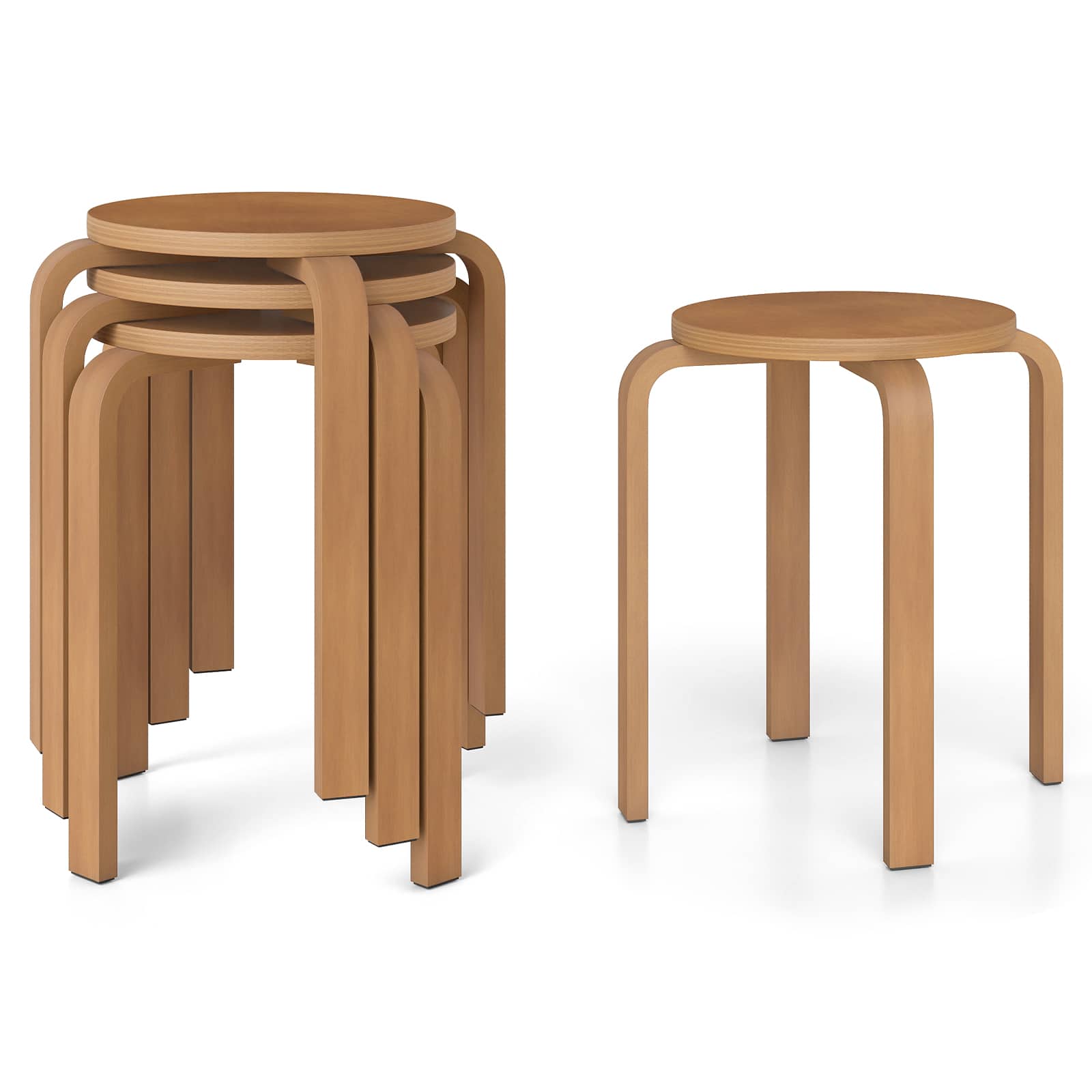 Gymax - Set of 4 18'' Stacking Stool Round Dining Chair Backless Wood Home Decor Walnut - Brown