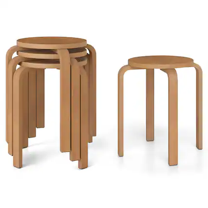 Front. Gymax - Gymax Set of 4 18'' Stacking Stool Round Dining Chair Backless Wood Home Decor Walnut - Brown.