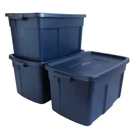 Front. RubberMaid - Rubbermaid Roughneck 31 Gallon Storage Box Tote, Dark Indigo Metallic (3 Pack) - Dark Indigo Metallic - 3 Pack.