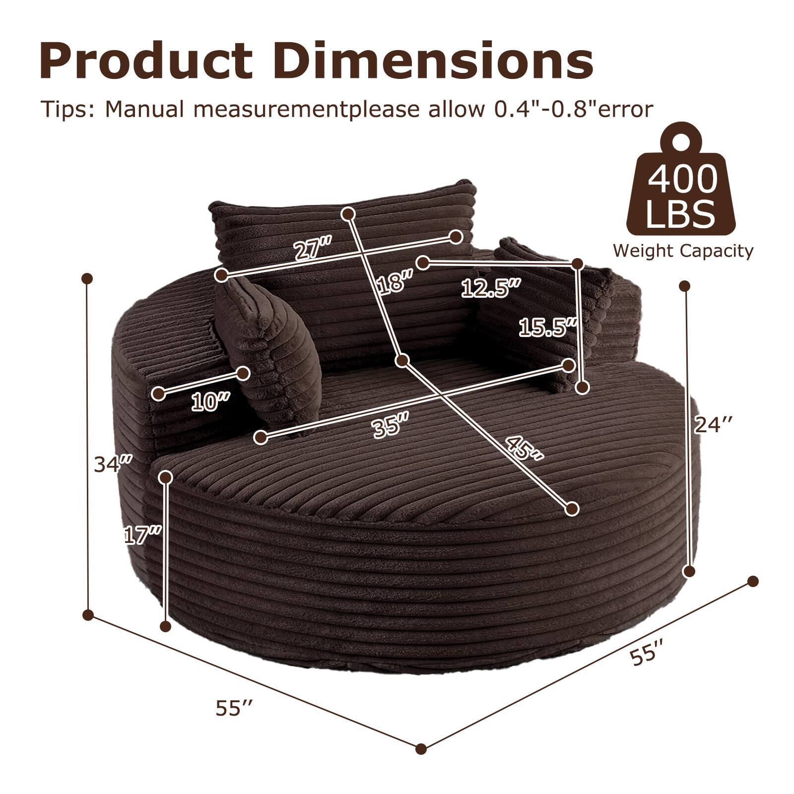 Product Dimensions Tips: Manual measurement please allow 0.4"-0.8" error

27" 18"
400 LBS Weight Capacity 12.5" 15.5"
34" 10" 35" 45" 24" 17" 55" 55"