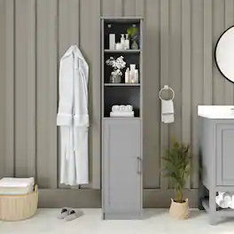 Emma + Oliver - Modern Freestanding Linen Tower with Shelves and Magnetic Close Door - Gray
