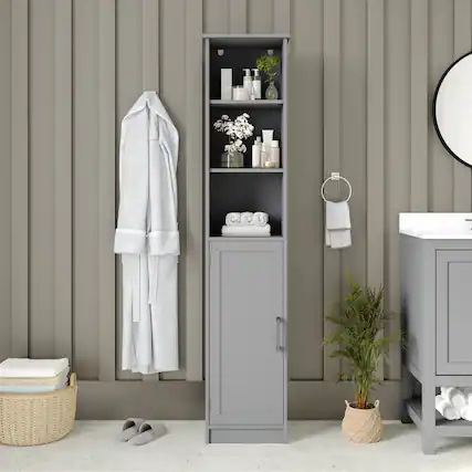 Front. Emma + Oliver - Modern Freestanding Linen Tower with Shelves and Magnetic Close Door - Gray.