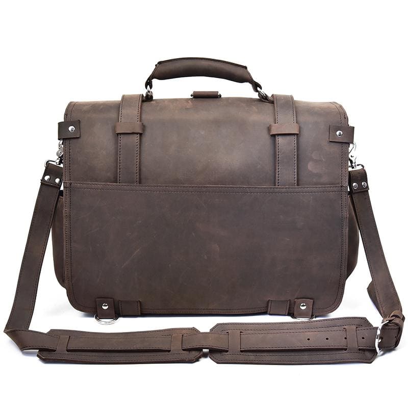 Back. Steel Horse Leather - The Gustav | Vintage Leather Messenger - Dark brown.