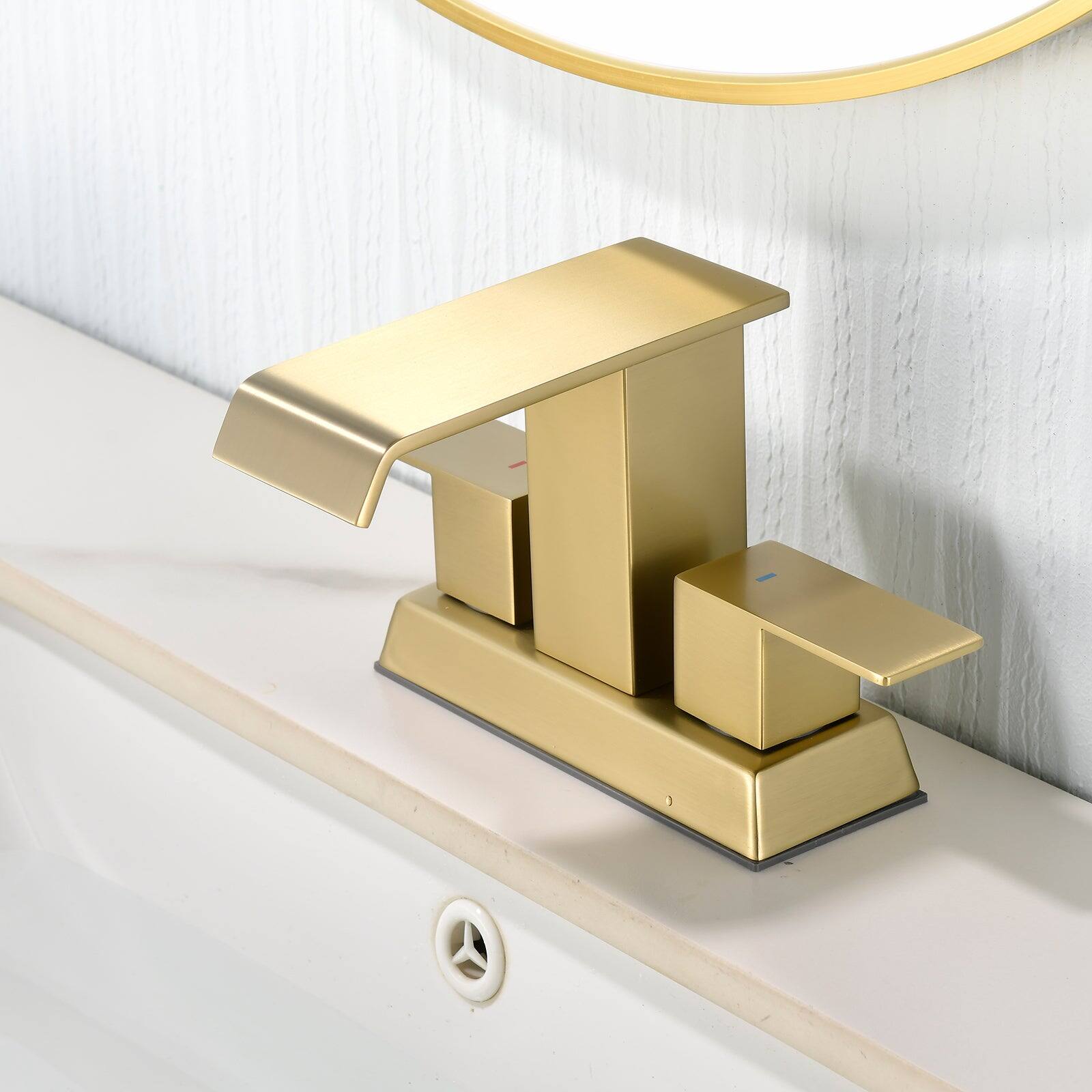 Alt View 2. Boyel Living - Brushed Gold 4 Inch Centerset Faucet SUS304 Waterfall Spout 1.2GPM Dual Handle Pop Up Drain - Brushed Gold.