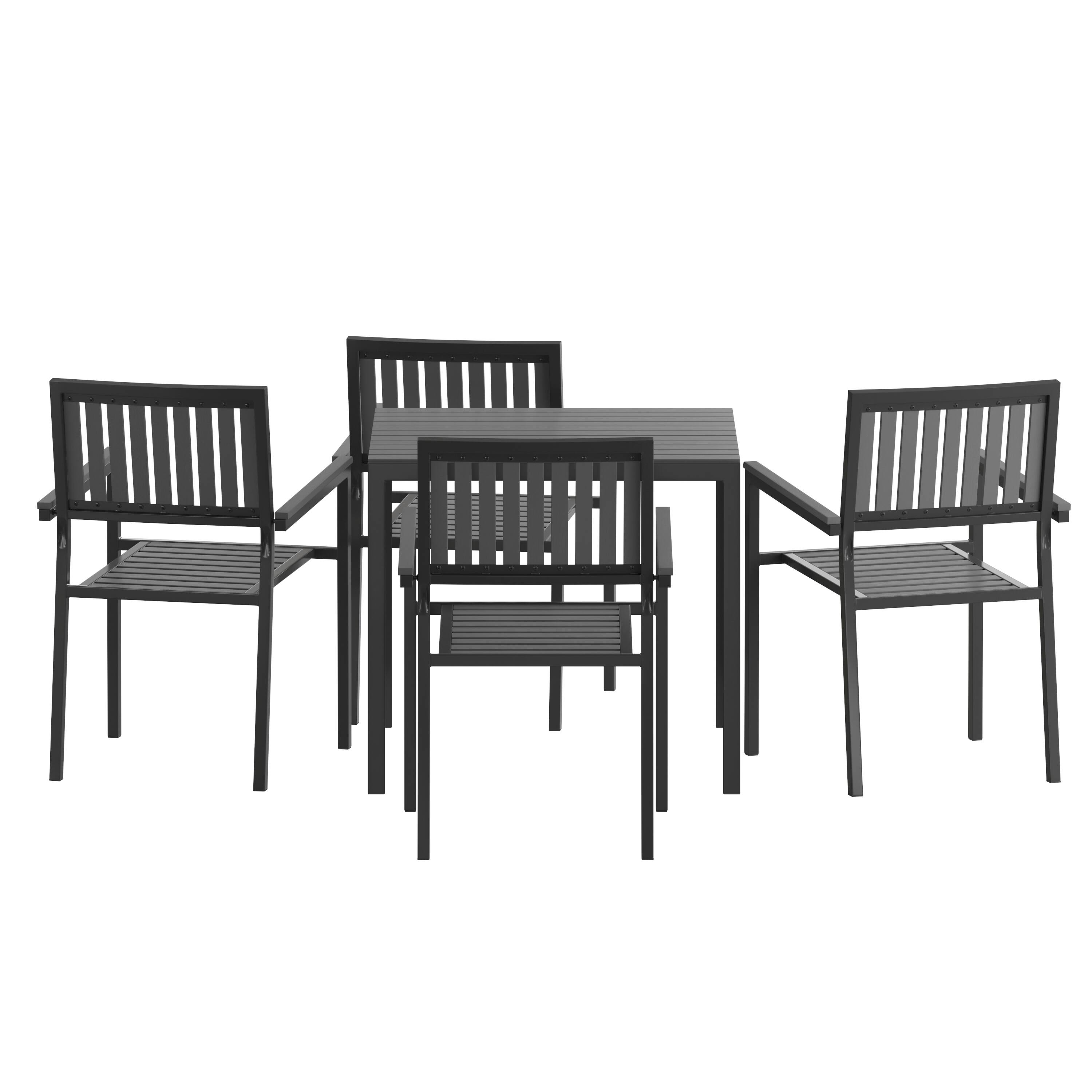 Back. Flash Furniture - Harris 5 Piece Commercial Indoor/Outdoor Table and Chairs with Black Poly Resin Slatted Backs and Seats - Black.