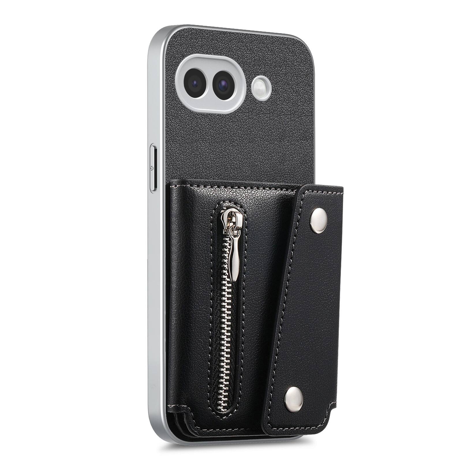Angle. Dteck - PU Leather Wallet Case for Google Pixel 10a, Shockproof Kickstand Phone Cover with Card Slots and Zipper Pocket - Black.