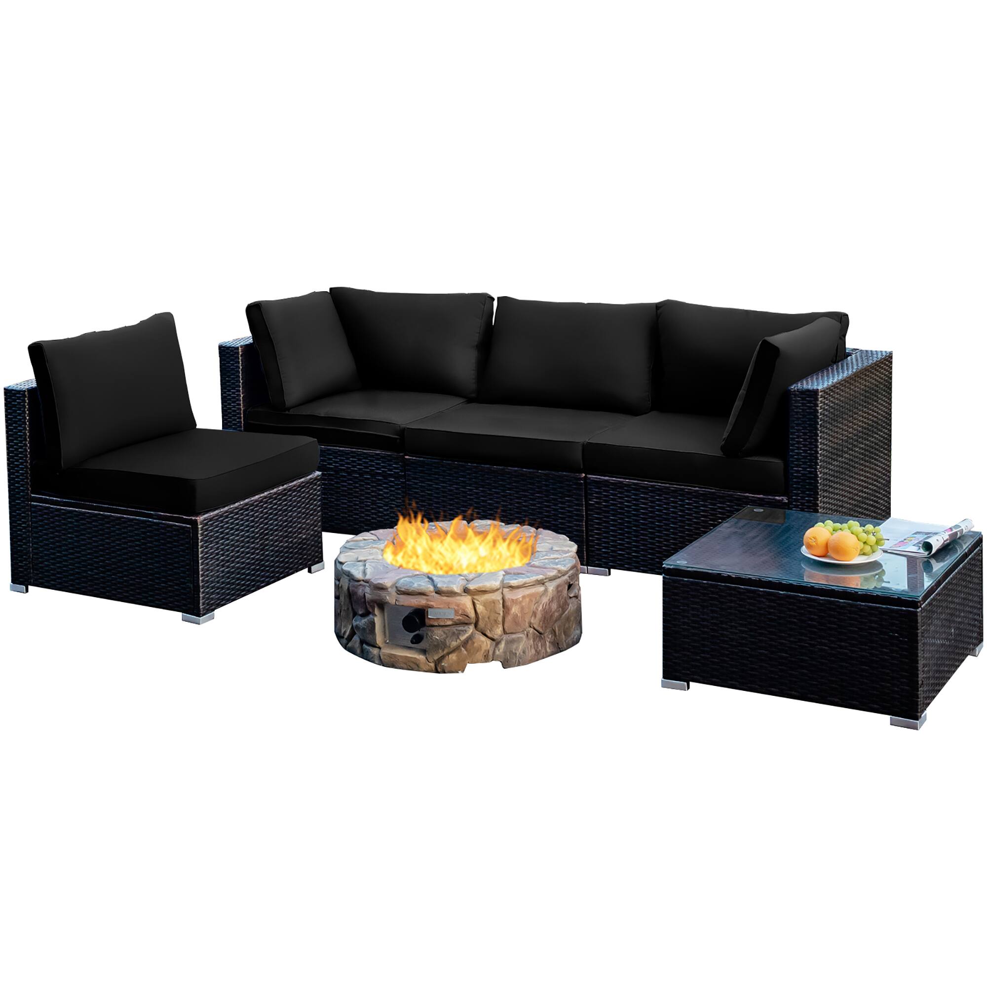 Left. Costway - 5PCS Patio Rattan Furniture Set Cushioned Sofa Chair Coffee Table - Black.