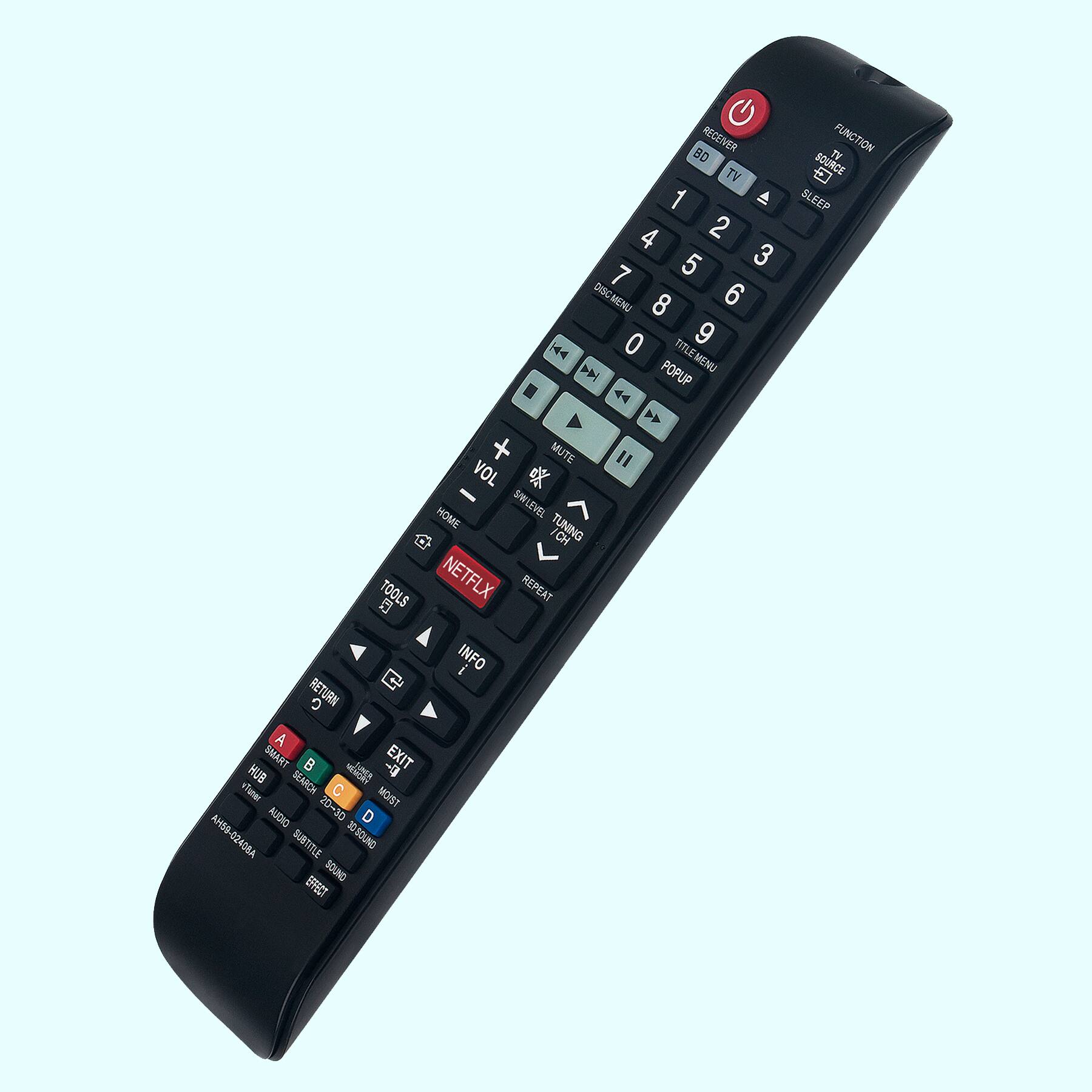 RECEIVER  
BD TV 1 2 3 4 5 6 7 8 9 0 DISC-MENU DISC 6 MENU 8 0 9 4 TITLEMENU H4 POPUP .  
44 + MUTE " VOL HOME SINLEVEL a ICH TUNING TOOLS NETFLX REPEAT  
FUNCTION TV - SOURCE SLEEP C RETURN  
A SMART B - EXIT HUB SEARCH - TUTOR C MOIST AUDIO 20-30 D AH59-02408A SUBTITLE 3OSOUND SOUND EFCT INFO