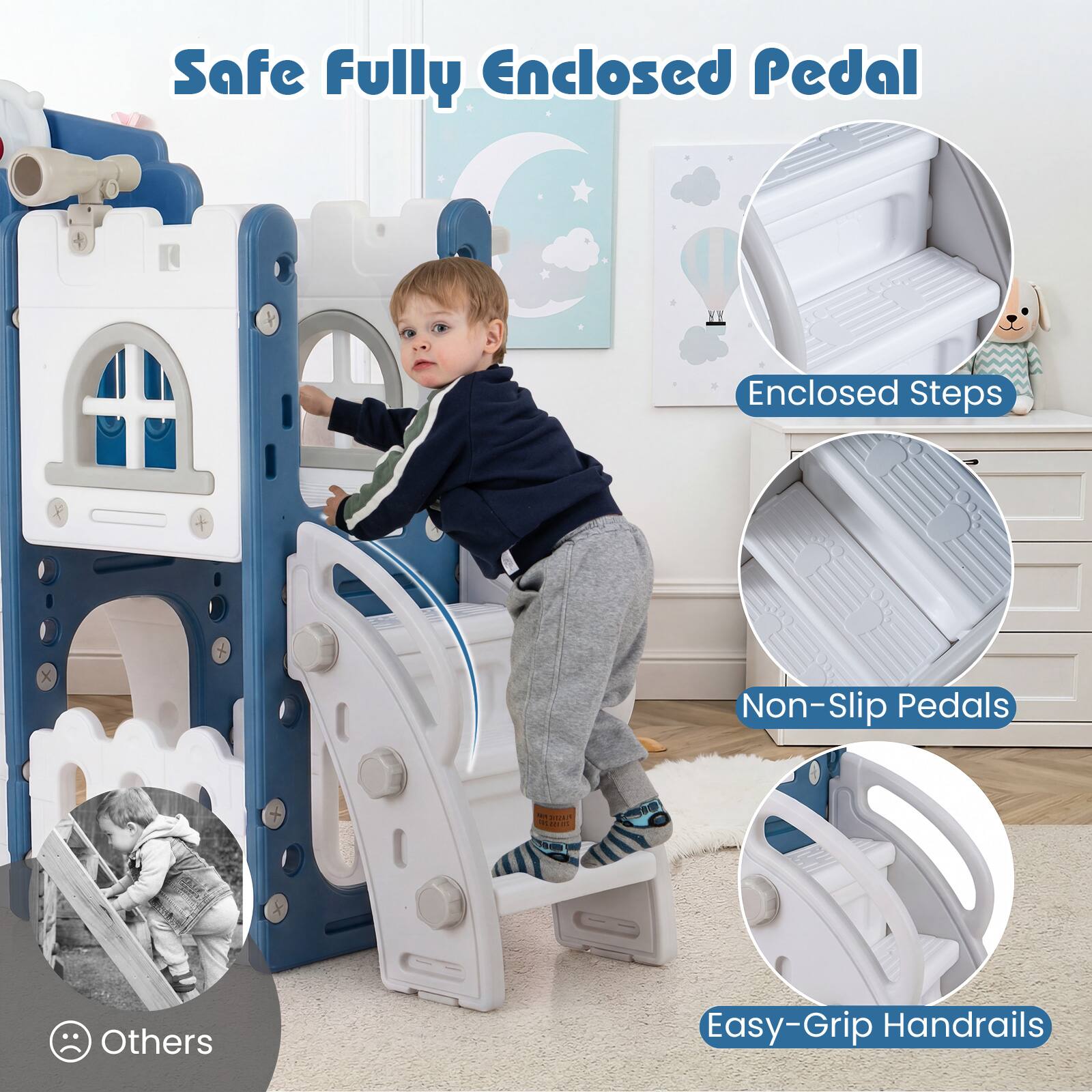 Safe Fully Enclosed Pedal  
Enclosed Steps  
Non-Slip Pedals  
Easy-Grip Handrails  
Others