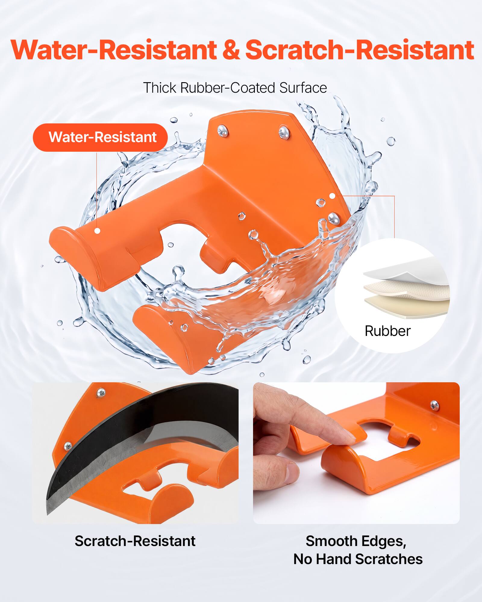 Water-Resistant & Scratch-Resistant  
Thick Rubber-Coated Surface  
Water-Resistant  
Rubber  
Scratch-Resistant  
Smooth Edges, No Hand Scratches