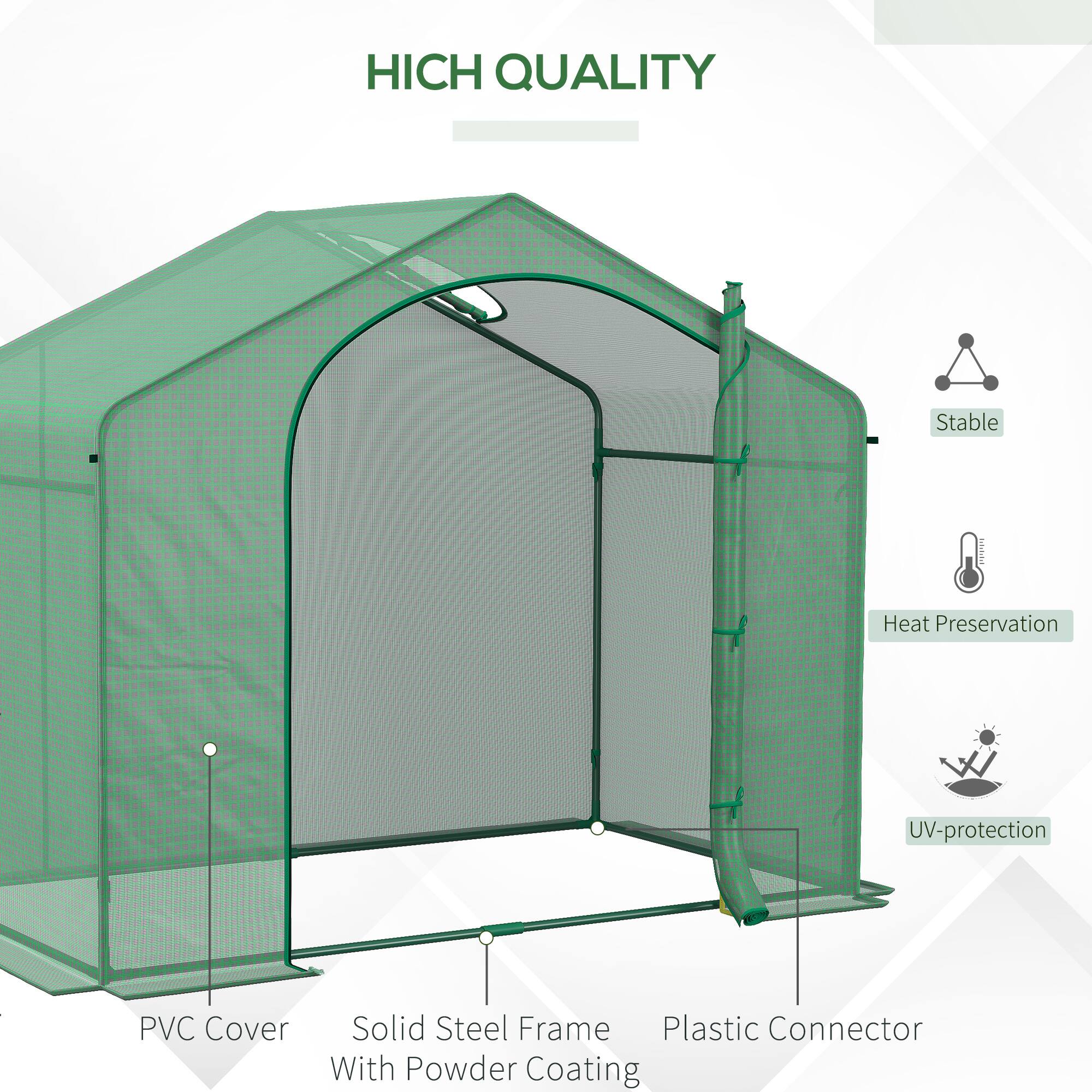 HICH QUALITY
Stable
Heat Preservation
UV-protection
PVC Cover
Solid Steel Frame With Powder Coating
Plastic Connector