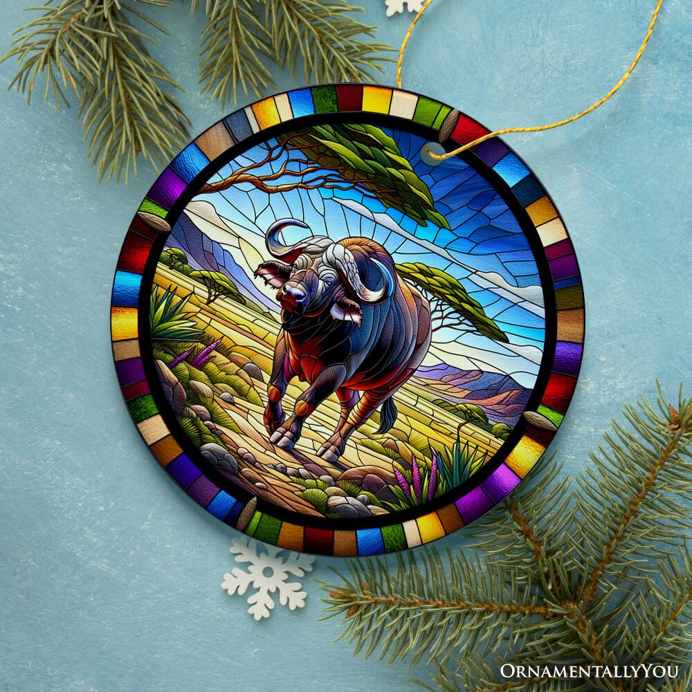 Back. OrnamentallyYou - African Buffalo Wildlife Encounter Stained Glass Style Ceramic Ornament Safari Christmas Gift - Multi-colored.