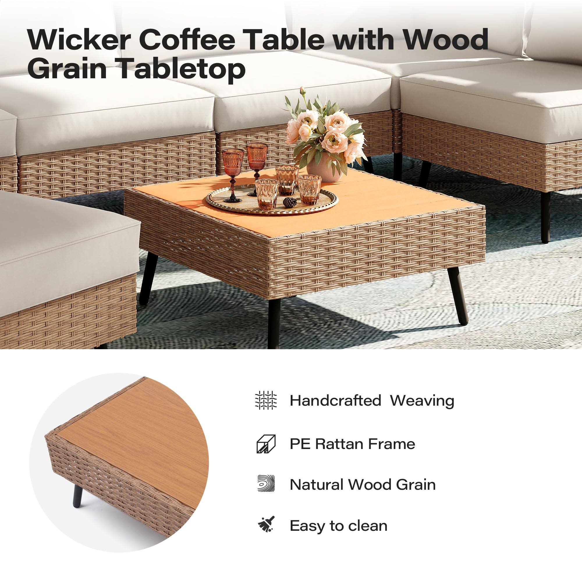 Wicker Coffee Table with Wood Grain Tabletop

Handcrafted Weaving
PE Rattan Frame
Natural Wood Grain
Easy to clean