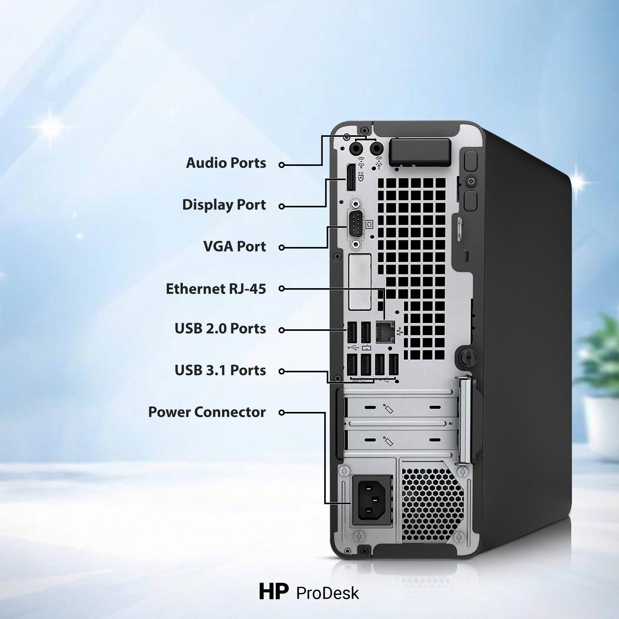 Audio Ports  
Display Port  
VGA Port  
Ethernet RJ-45  
USB 2.0 Ports  
USB 3.1 Ports  
Power Connector  

HP ProDesk