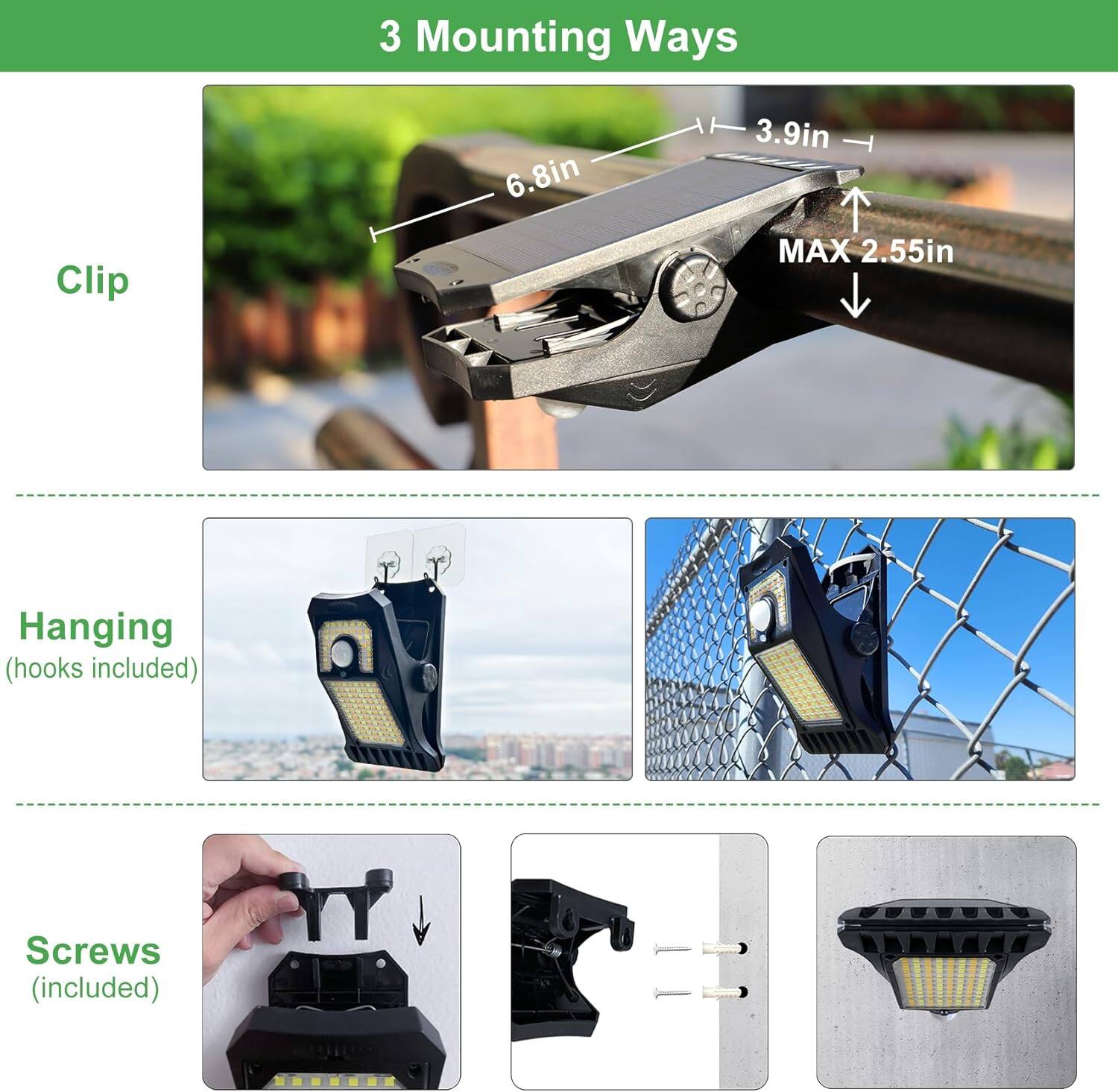 3 Mounting Ways

Clip

Hanging (hooks included)

Screws (included)

6.8in

3.9in

MAX 2.55in