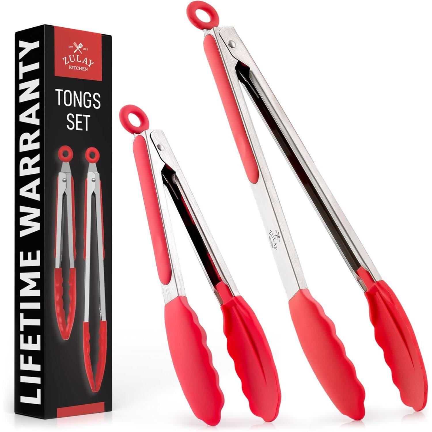 Zulay Kitchen - Stainless Steel Locking Cooking Tongs with Silicone Tips - Set of 2 (9” & 12”) - Red