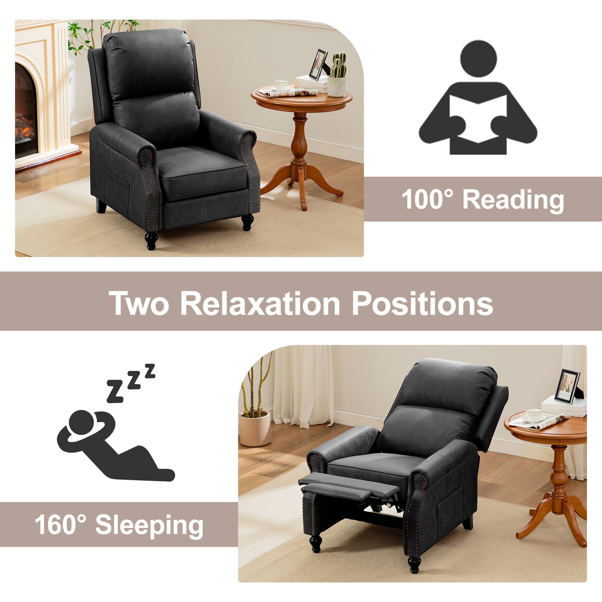 Two Relaxation Positions

100° Reading

160° Sleeping