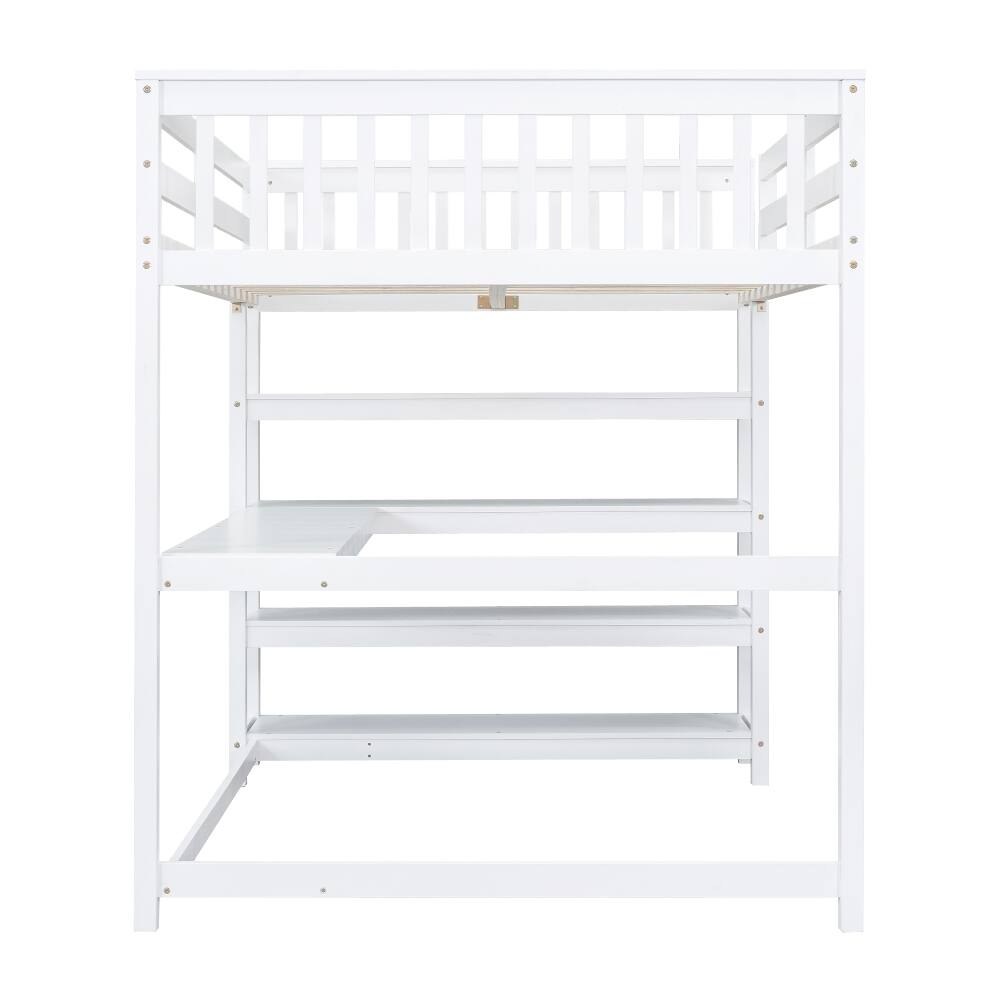 Alt View 10. Loheer - Loheer Full Size Loft Bed with Desk and Storage Shelves, White Solid Wood Space Saving Bed Frame - White.