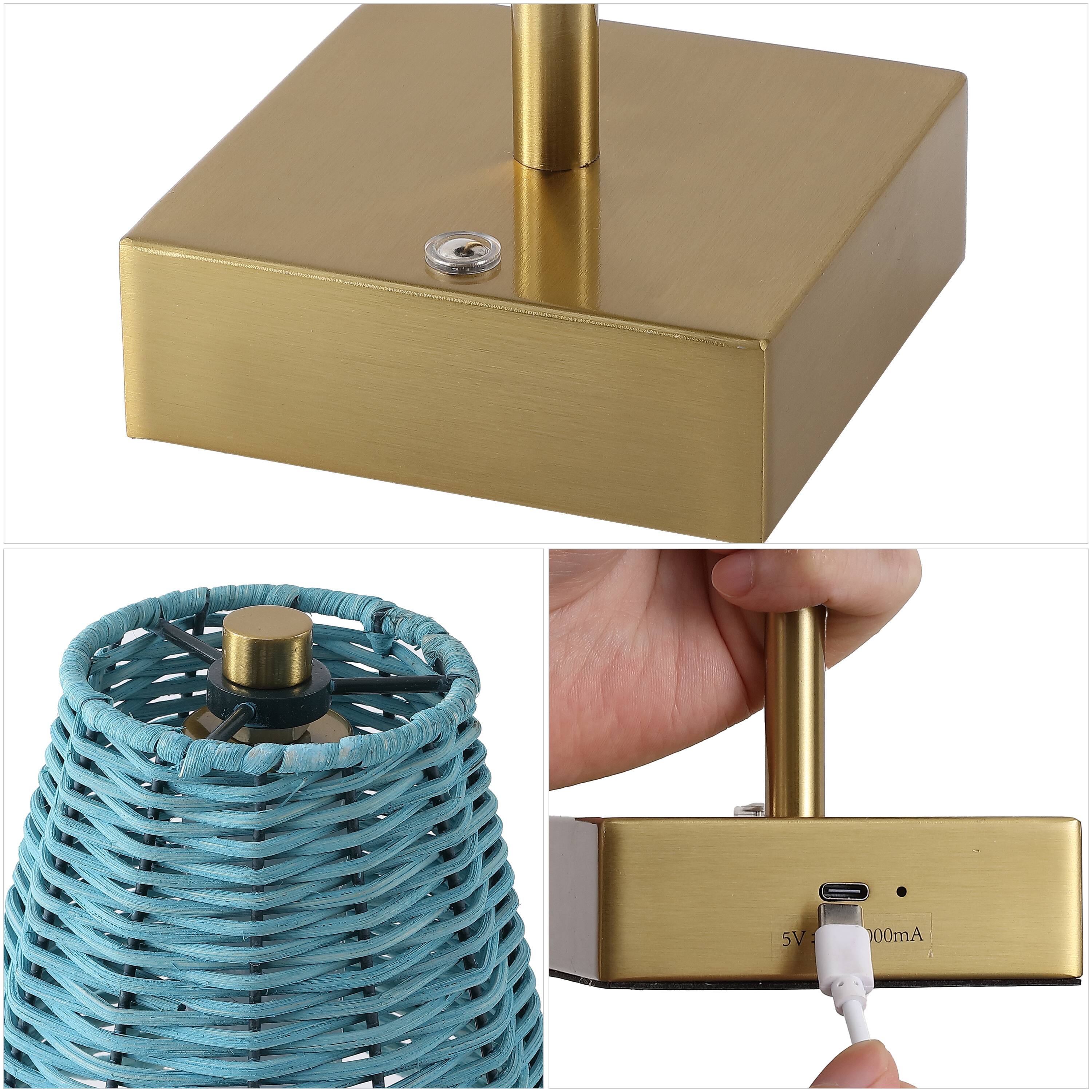 Alt View 4. Jonathan Y - Willow 11" Coastal Bohemian Cordless Rechargeable Table Lamp Set of 2, Brass Gold with Blue Rattan Shade, Touch Dimmer - Brass Gold.