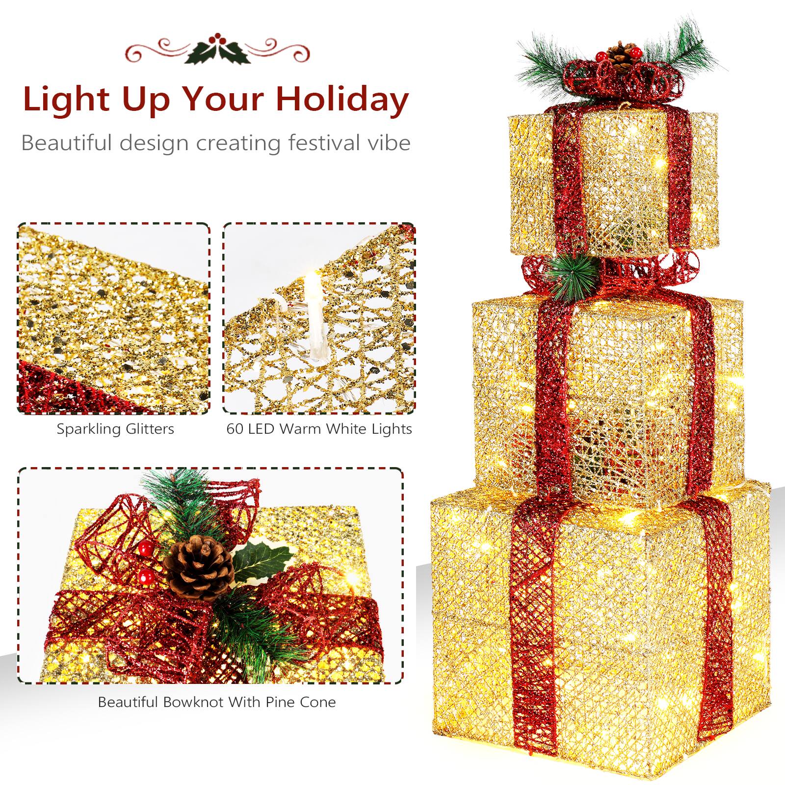 Light Up Your Holiday  
Beautiful design creating festival vibe  

Sparkling Glitters  
60 LED Warm White Lights  
Beautiful Bowknot With Pine Cone