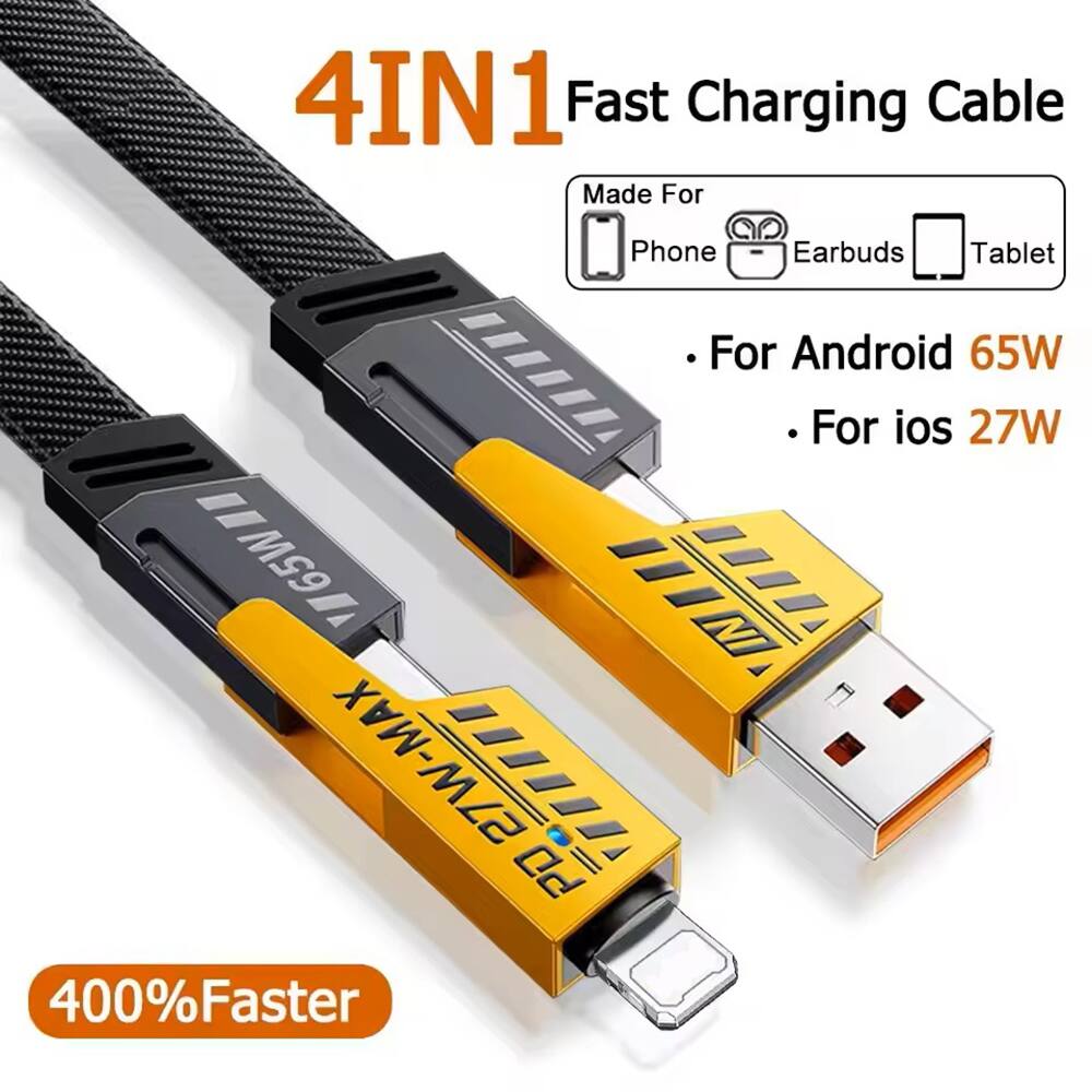 4IN1 Fast Charging Cable Made For Phone Earbuds Tablet  
For Android 65W  
For iOS 27W  
27W-MAX  
400% Faster