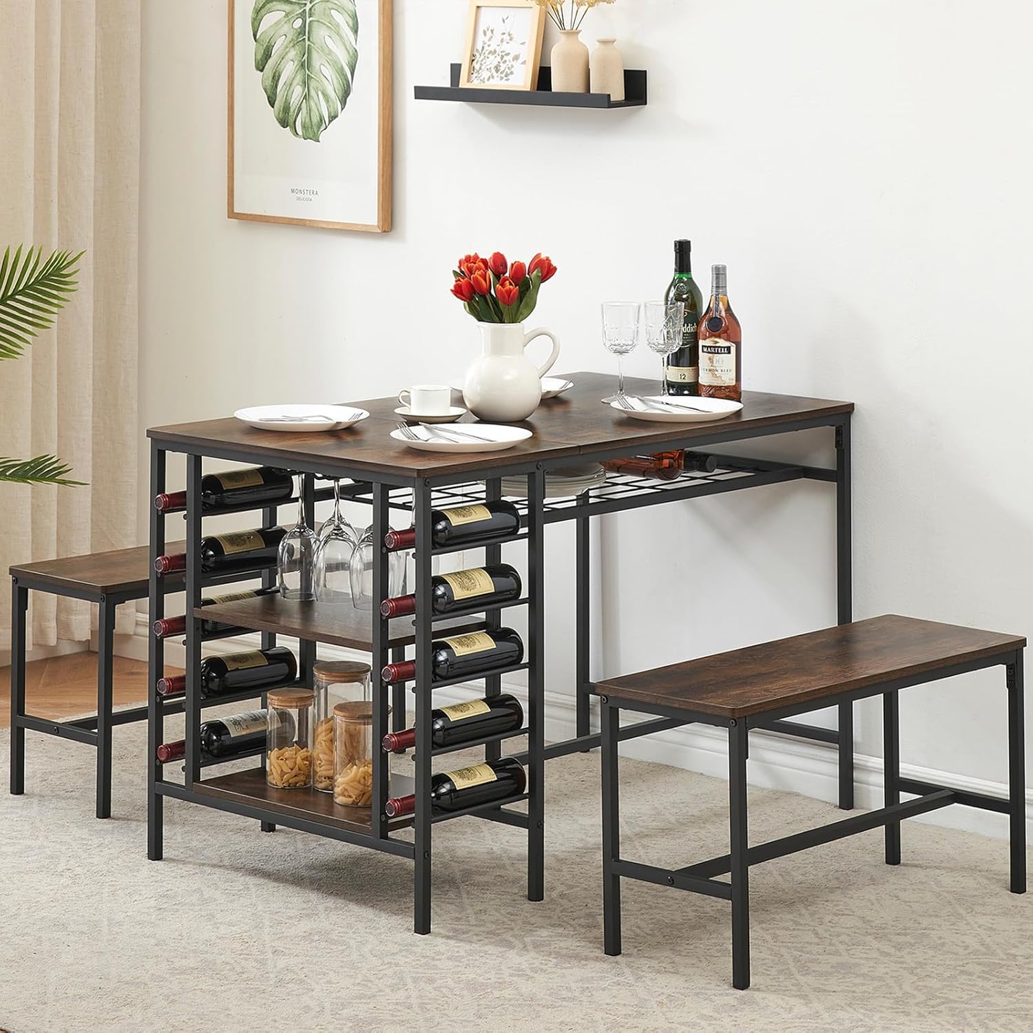 Front. Qeetex - 3-Piece Dining Set with Table, 2 Benches, Wine Rack & Storage Shelf - Brown.