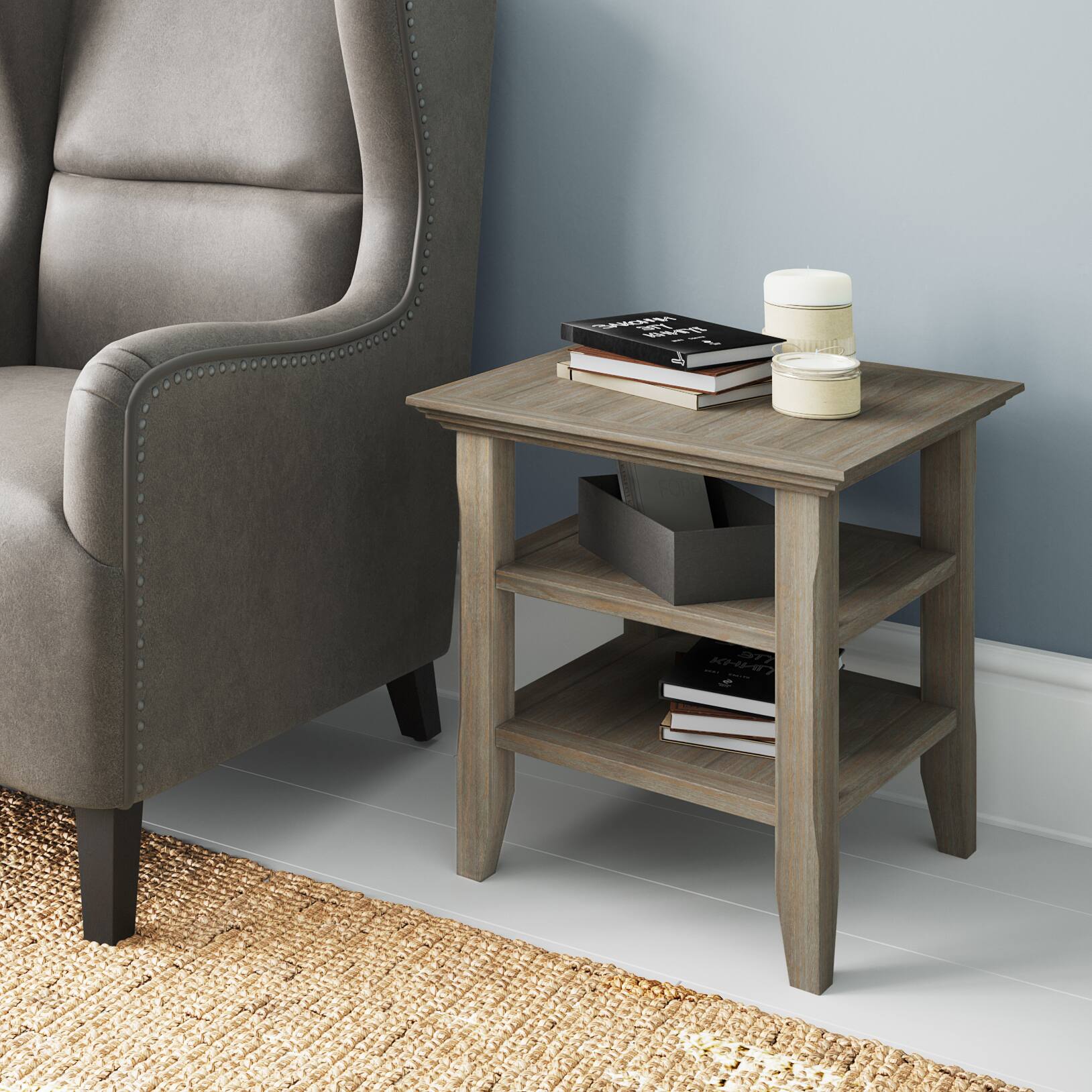 Angle. Simpli Home - Acadian SOLID WOOD 19 inch Wide Square Transitional End Table in Distressed Grey - Distressed Gray.