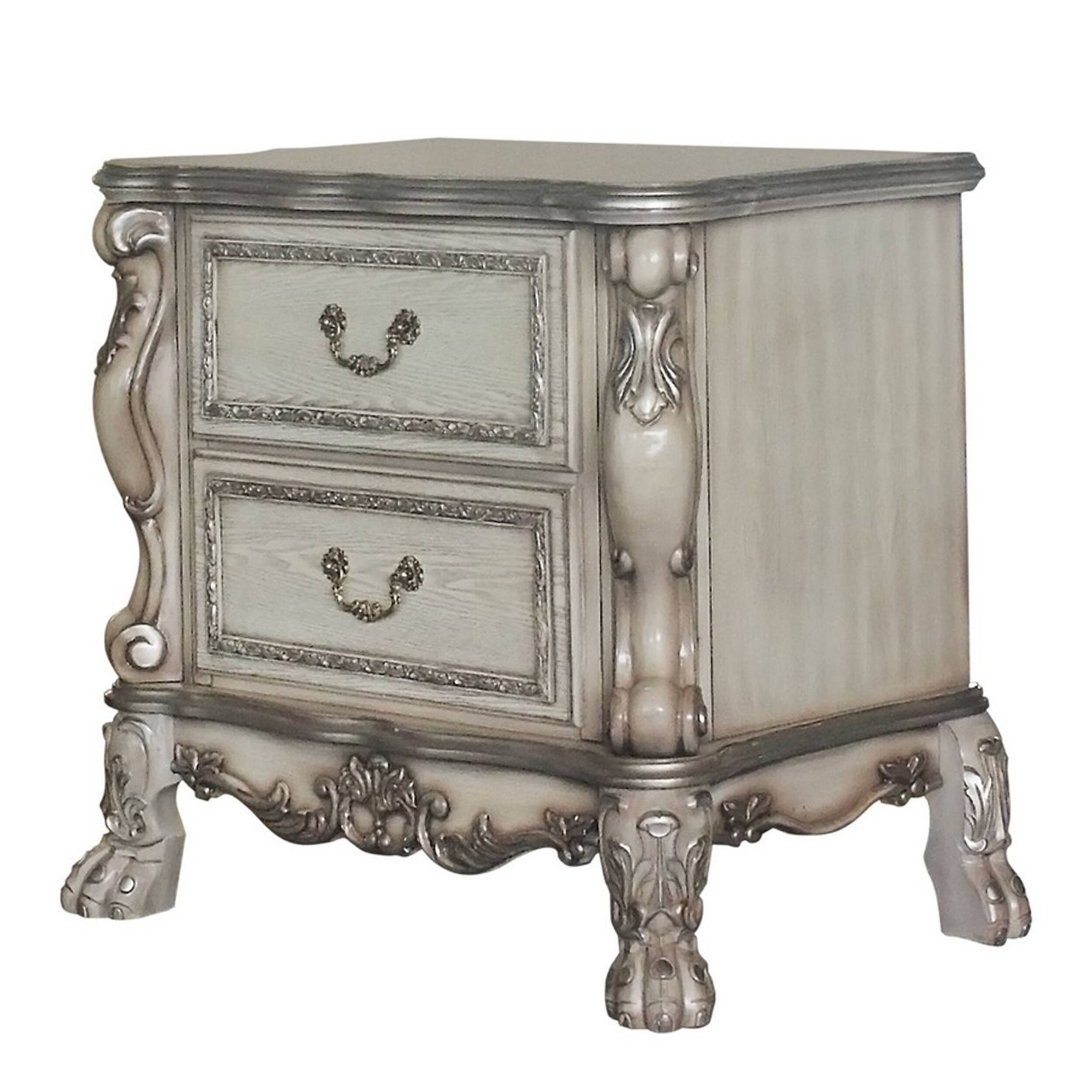 Front. Manhattan Lane - Traditional Wooden Nightstand with 2 Drawers and Carved Details - Silver.
