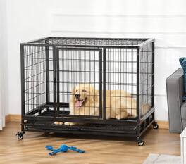 Siljoy - Heavy Duty Dog Crate, Metal Kennel with 4 Wheels, Dual Doors & Removable Tray for Large Dogs