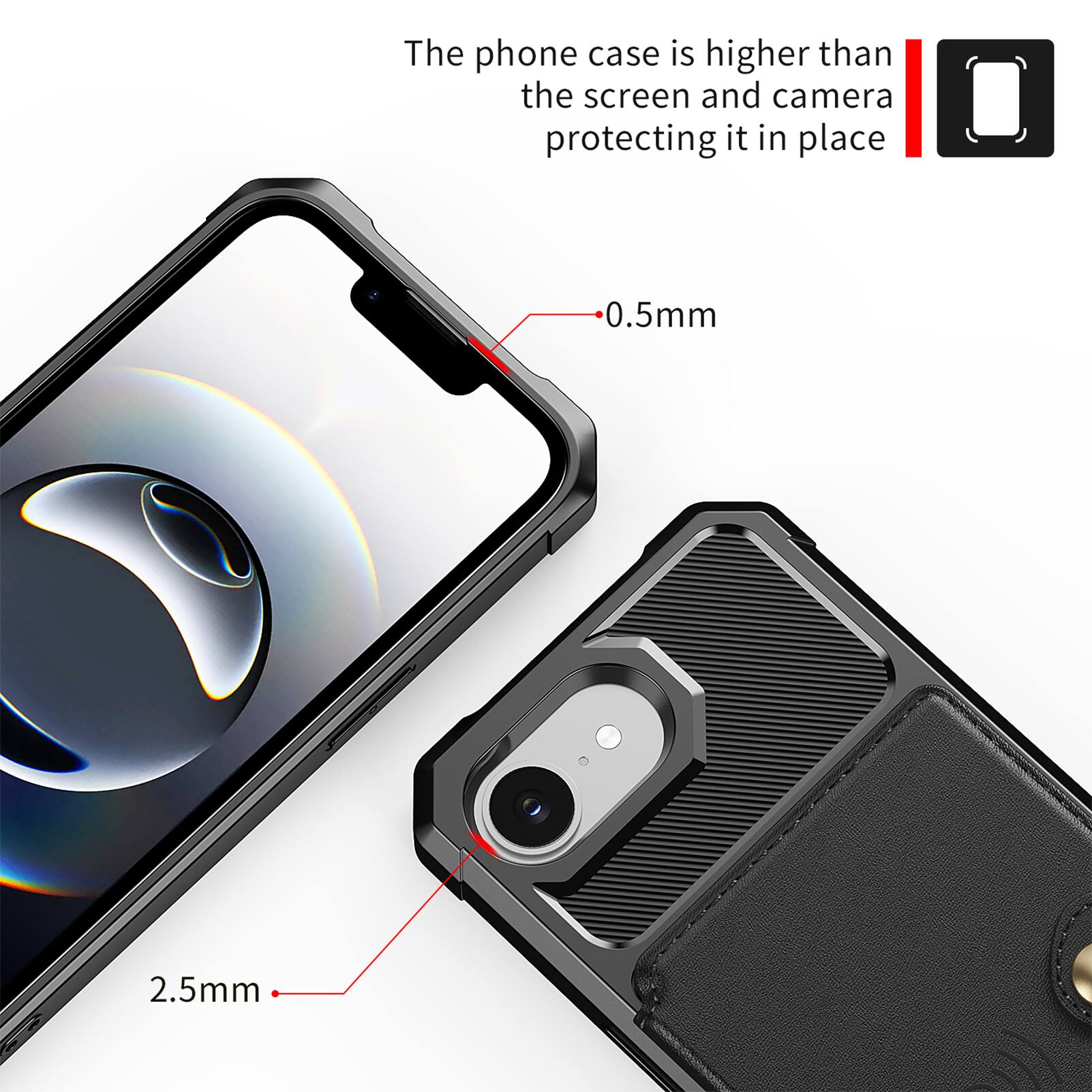 The phone case is higher than the screen and camera protecting it in place.  
0.5mm  
2.5mm