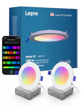 Lepro - R2 AI LED Recessed Light, 6in. 12W 1050lm, RGBCW Dimmable - 2 Pack - Multi-color