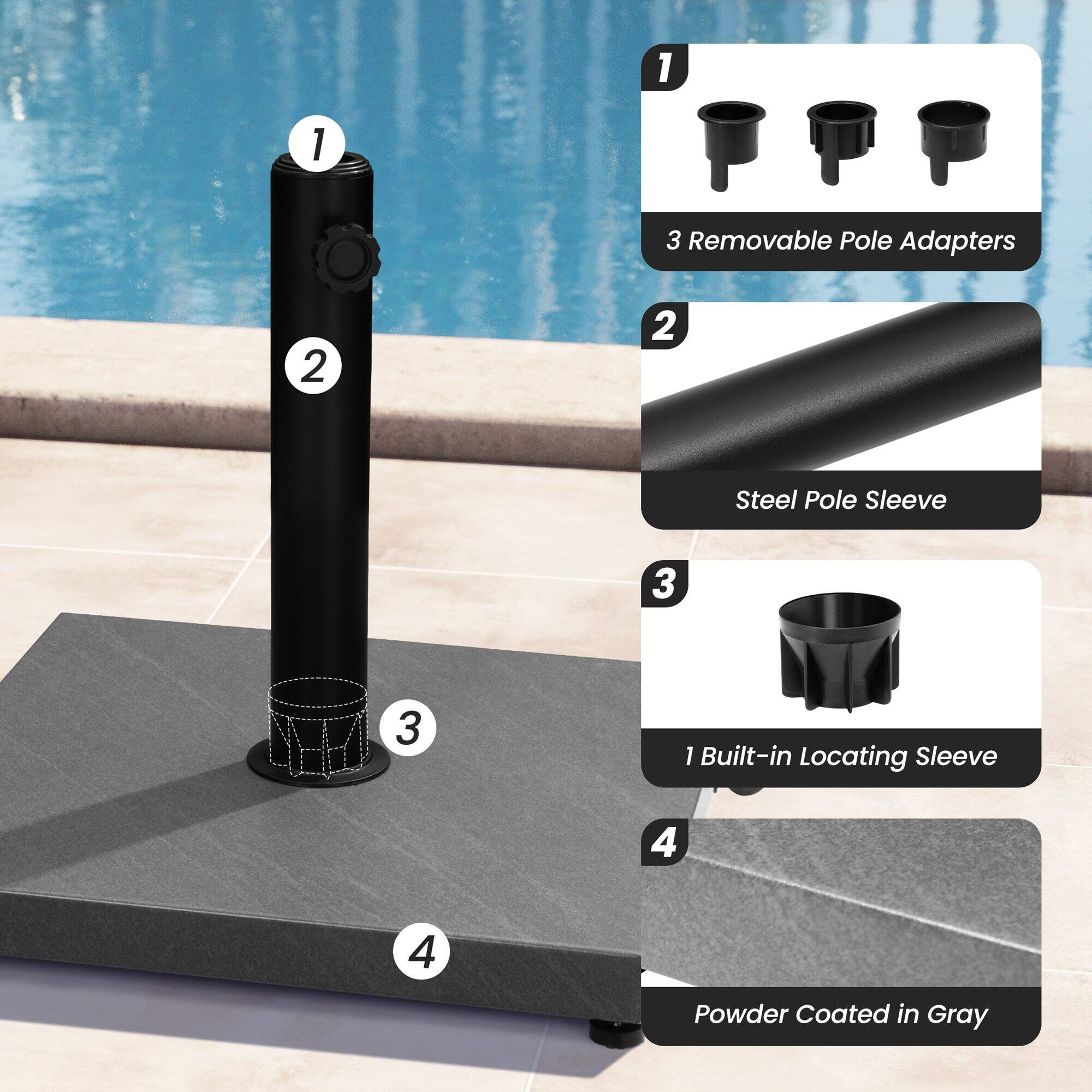 1. 3 Removable Pole Adapters  
2. Steel Pole Sleeve  
3. 1 Built-in Locating Sleeve  
4. Powder Coated in Gray
