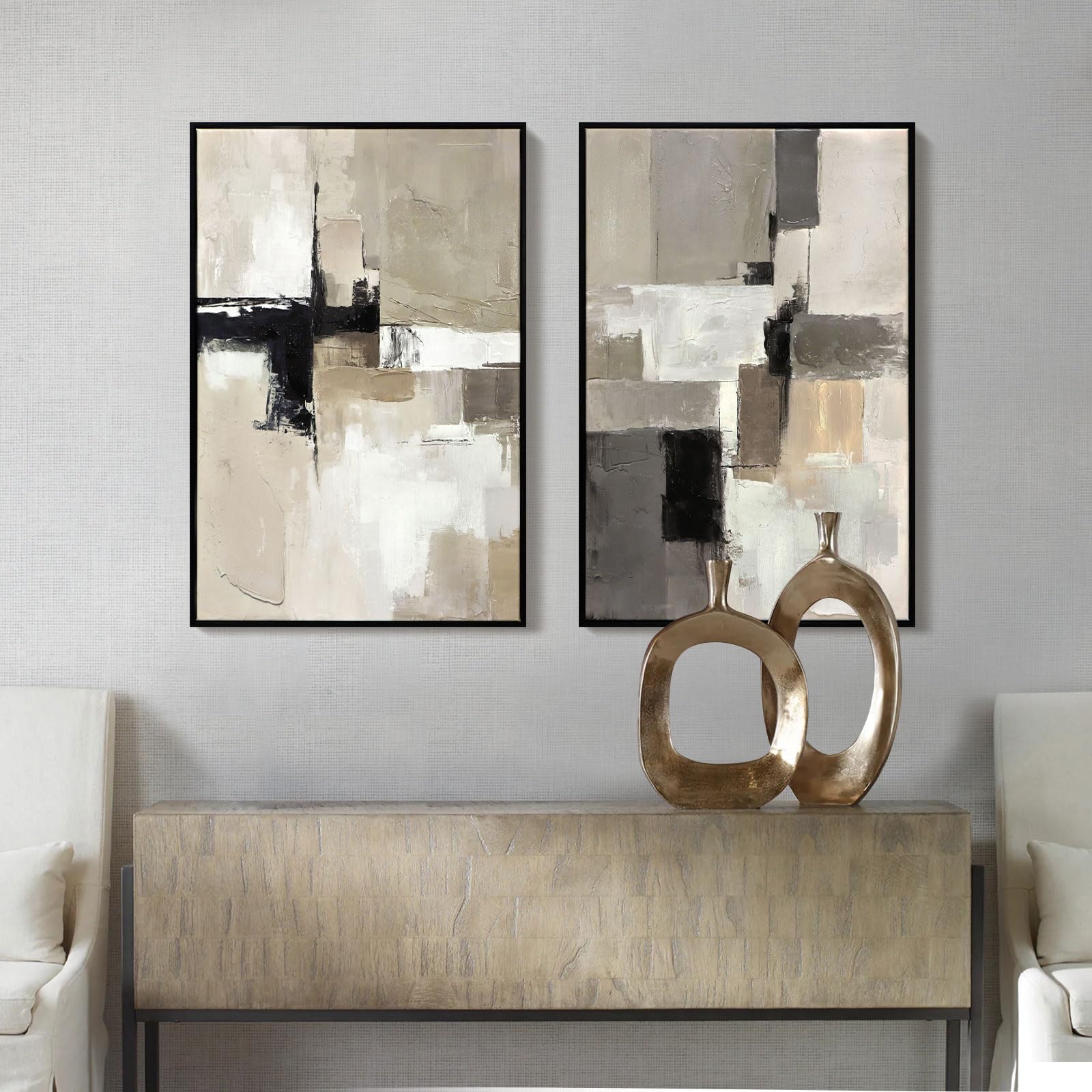 Alt View 2. Hirose Alice - Set of 2 Modern Neutral Abstract Wall Art Framed Beige and Canvas Paintings for Living Room Bedroom or Office - Black Gold 2 24" x 36" x 2 Panel Framed.