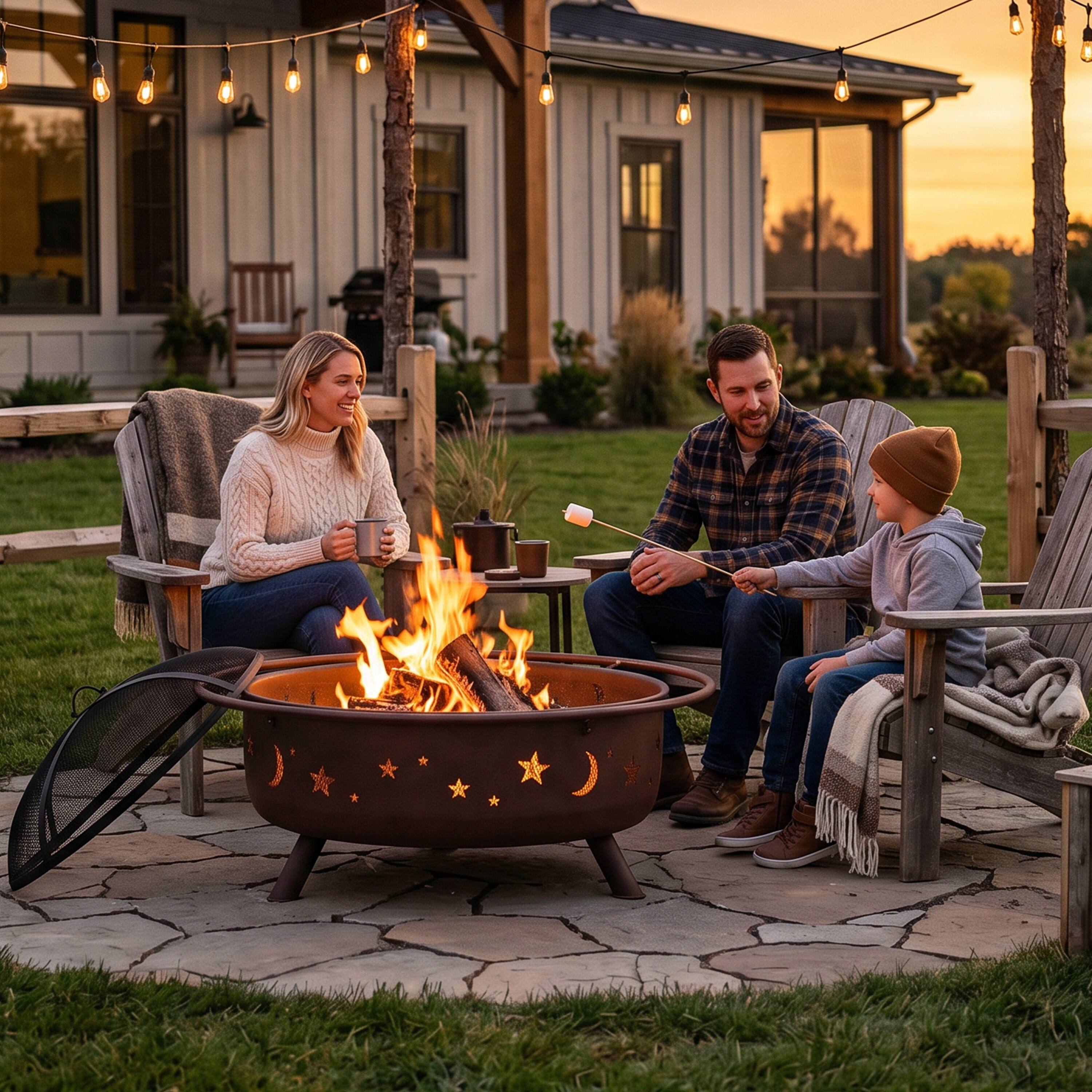 Alt View 9. Sunnydaze - 42 in Cosmic Steel Fire Pit w/Spark Screen/Poker - Bronze.