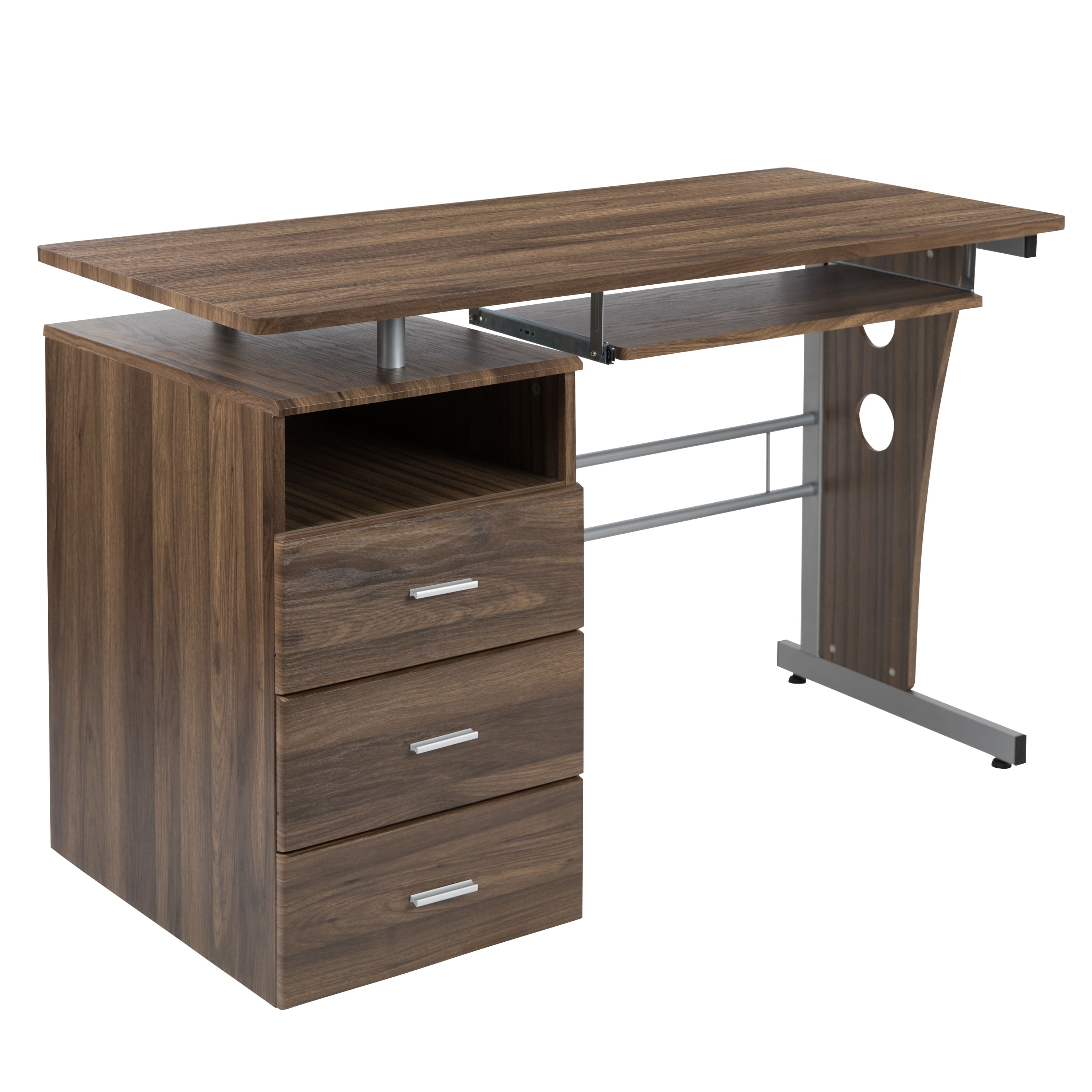 Emma + Oliver - Desk with Three Drawer Single Pedestal and Pull-Out Keyboard Tray - Rustic Walnut