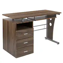 Emma + Oliver - Desk with Three Drawer Single Pedestal and Pull-Out Keyboard Tray - Rustic Walnut