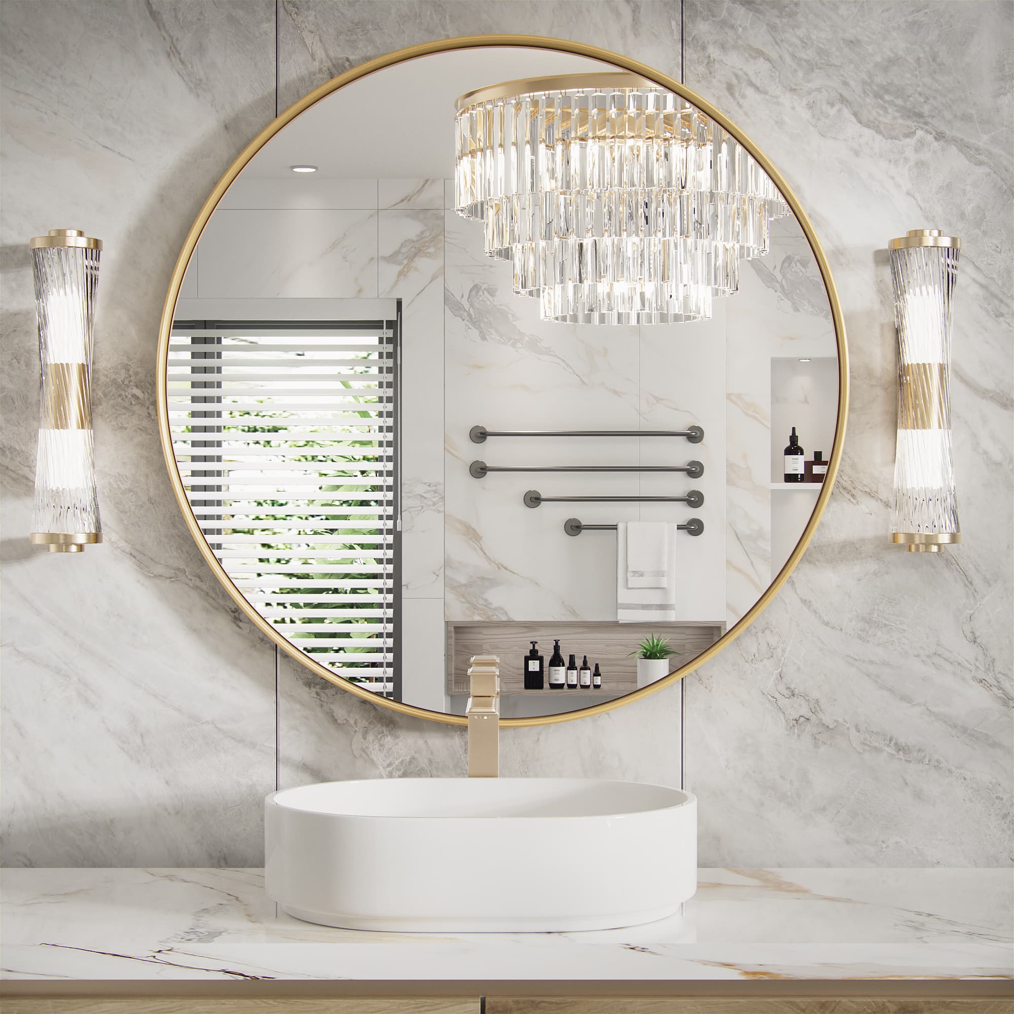 PAIHOME - 30"x30" Medium Round Mirror Metal Framed Wall Mirrors Iron Bathroom Vanity Mirror Decorative Mirror - Gold