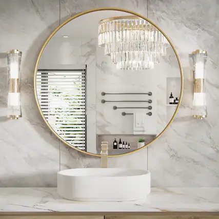 Front. PAIHOME - 30"x30" Medium Round Mirror Metal Framed Wall Mirrors Iron Bathroom Vanity Mirror Decorative Mirror - Gold.