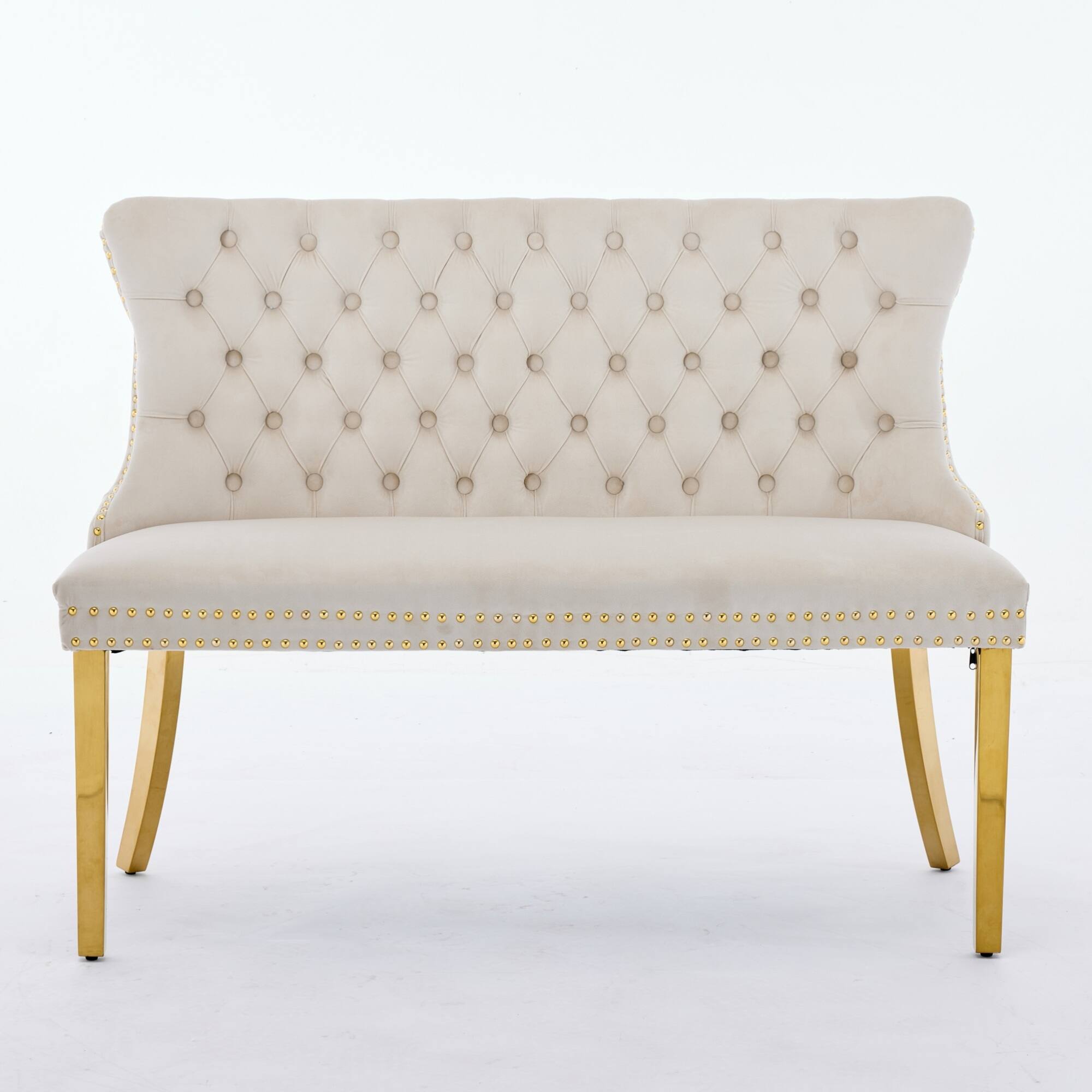 GOODSILO - Velvet Tufted Double Seater Dining Bench with Gold Accent Legs for Kitchen and Dining Room Seating - Beige