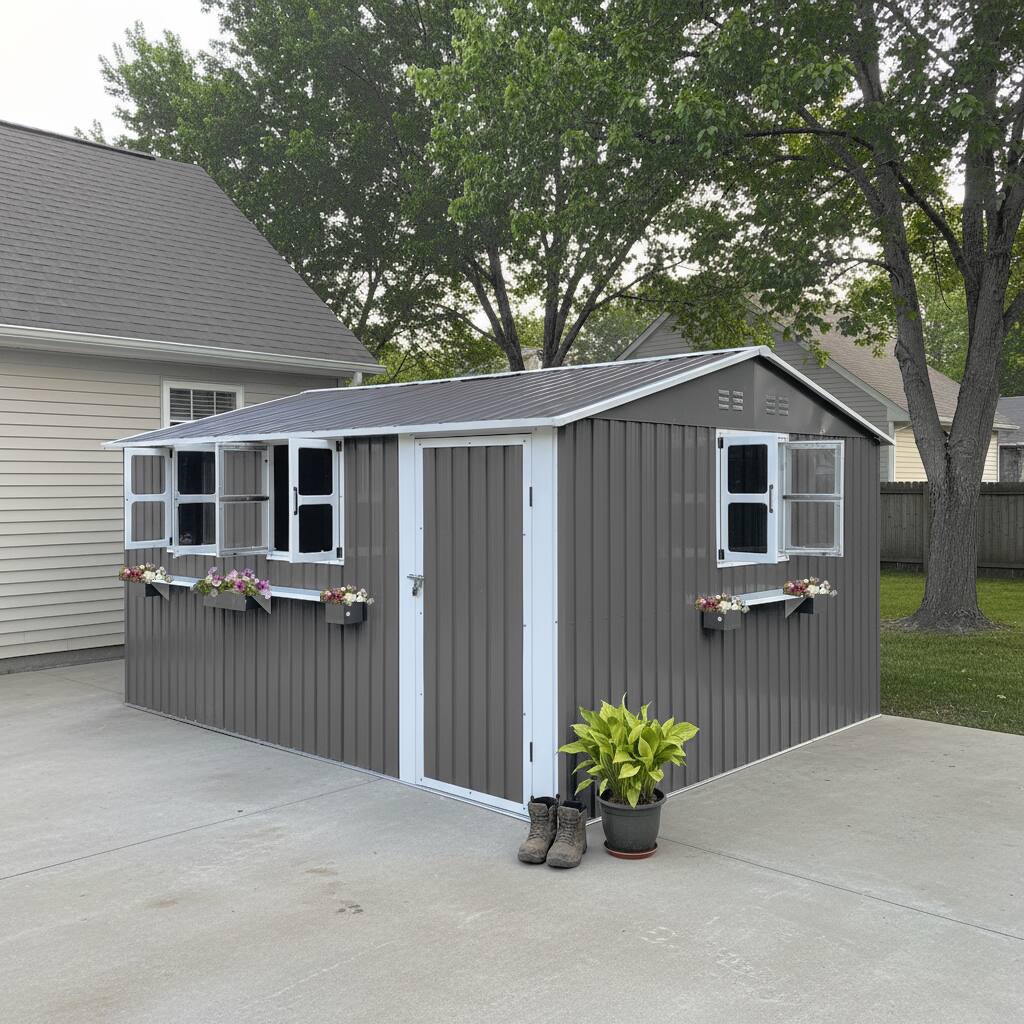 Angle. Anysun - 12x10 FT Outdoor Metal Storage Shed with 3 Clear Windows & Decorative Flower Rack – Lockable Single Door, Heavy Duty - Gray.