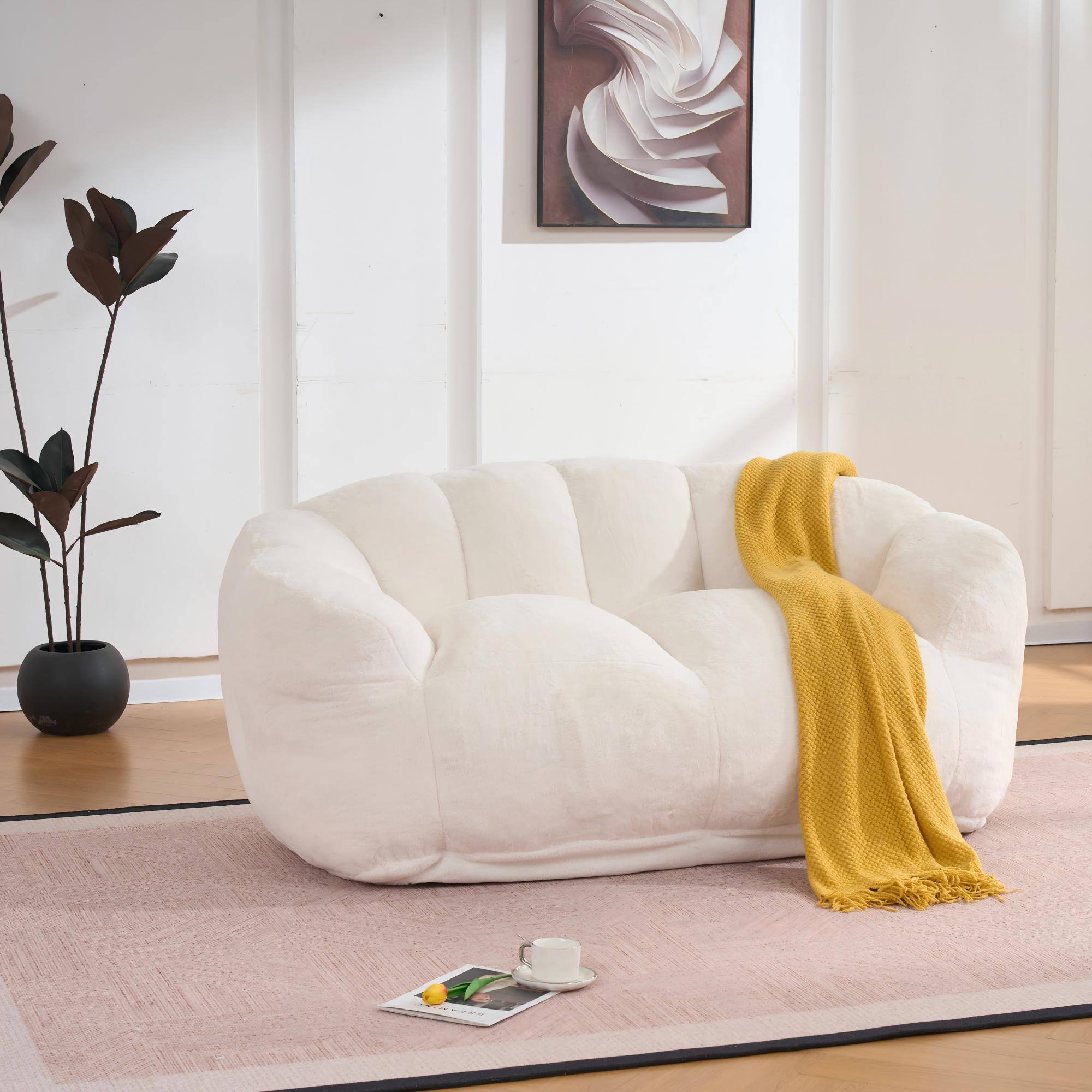 Back. LOVMOR - Oversized Faux Fur Bean Bag Chairs For Living Room Bedroom Reading Plush Cozy Ultra Soft Adult Spacious Indoor - Beige.